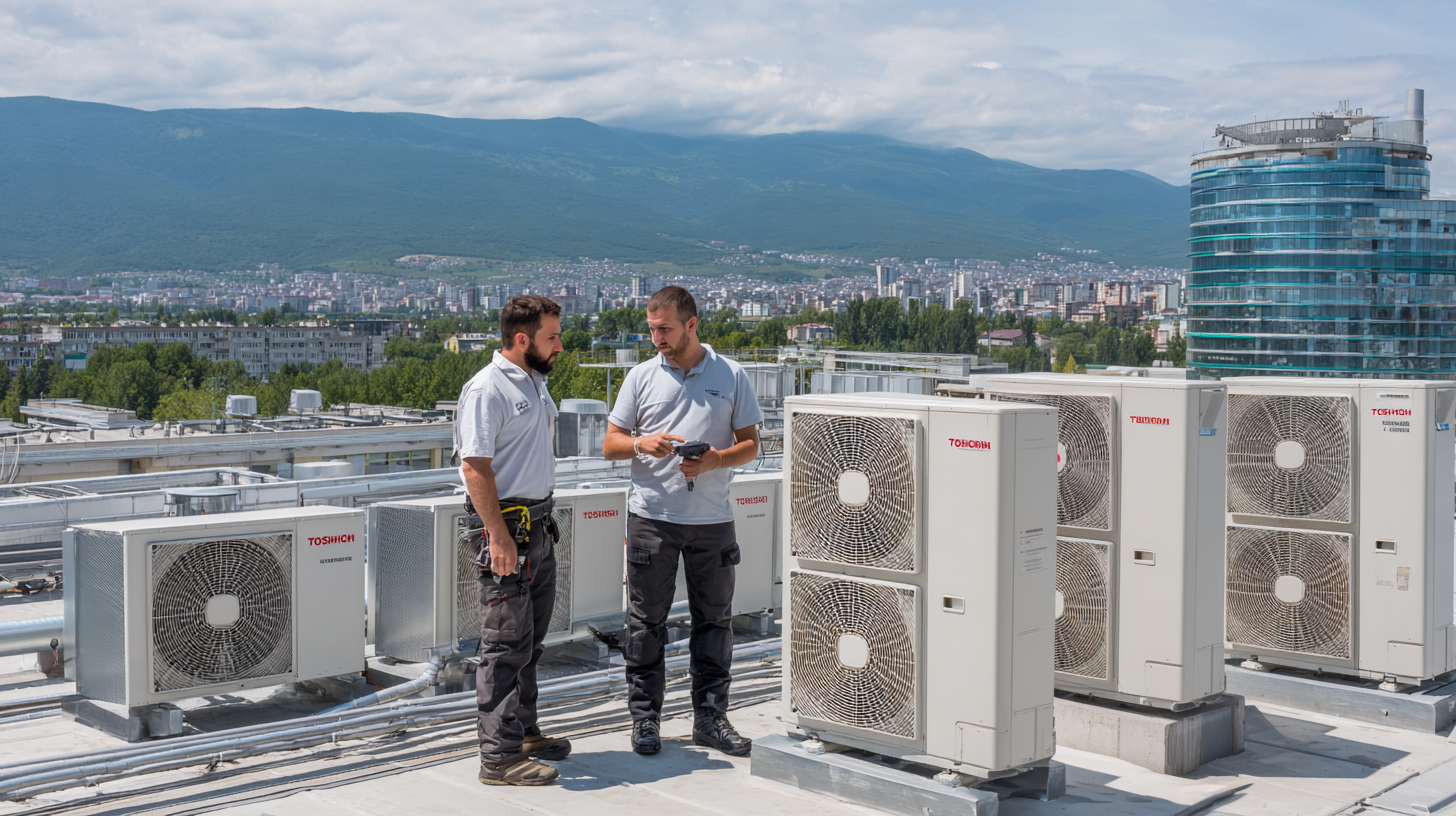 Техници на Toshiba климатици – поддръжка на покрив в София HVAC техник и технически мениджър обслужват външни тела на климатици Toshiba на покрива на офис сграда в София с планина Витоша на заден фон