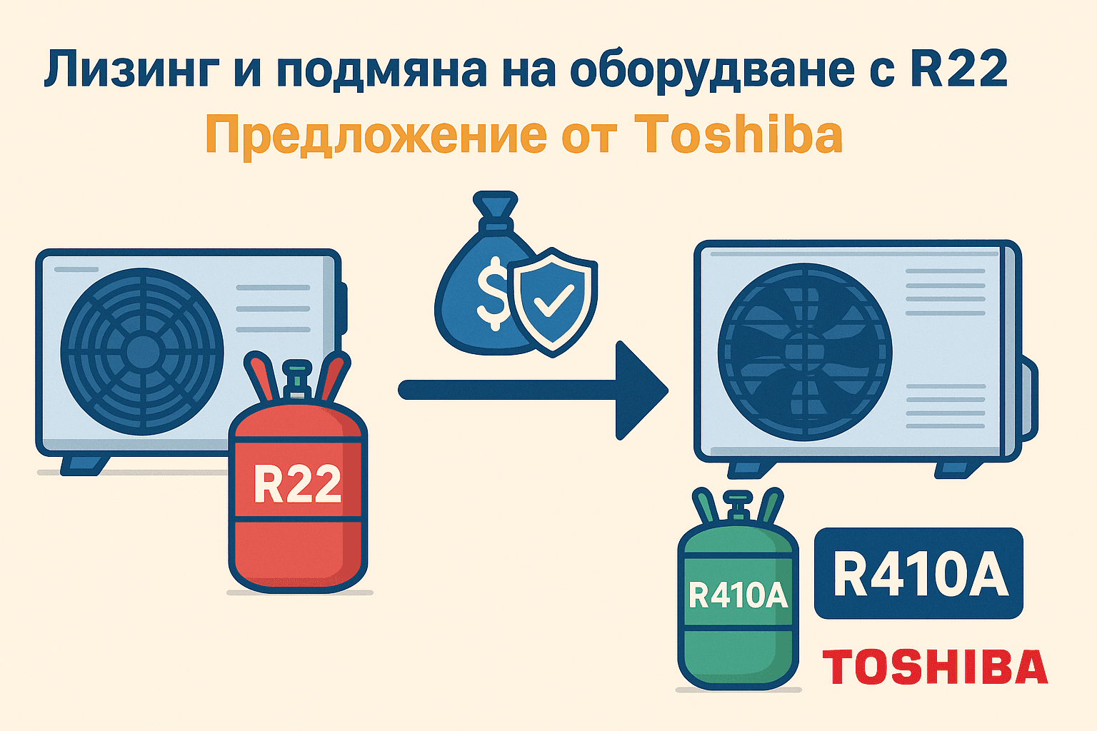 Илюстрация с климатик, фреон R22 и R410A, стрелка и икона за икономия – визуализира предложението на Toshiba за подмяна на стари системи с нови, работещи с R410A.