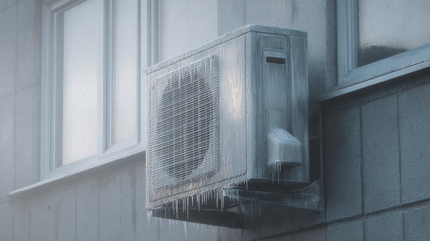 Замръзнал климатик – лед по външното тяло през зимата замръзнал климатик – външно тяло с лед през зимата