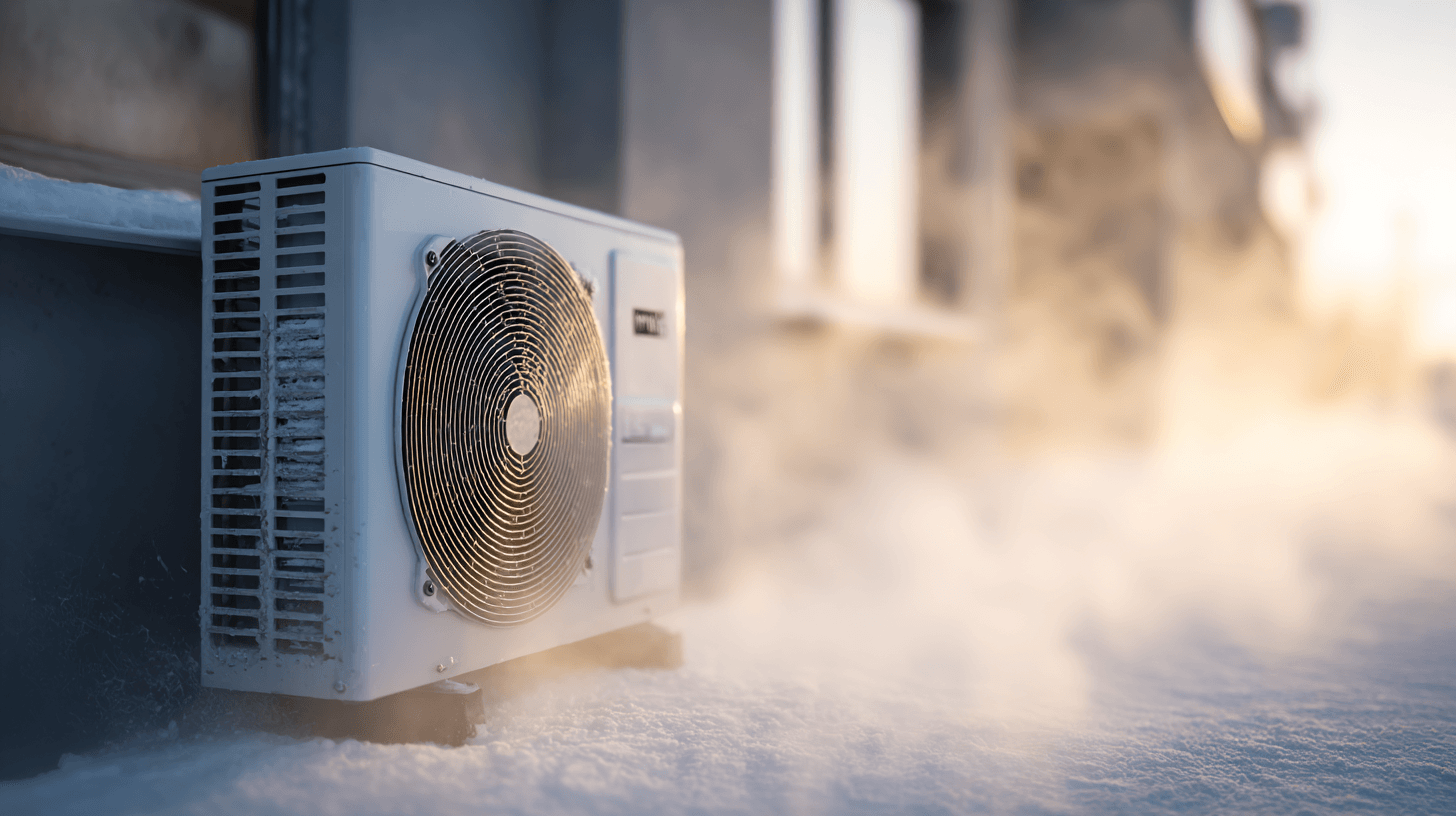 Климатик в режим Defrost – нормално отделяне на пара през зимата Модерен климатик в режим Defrost с видима пара около външното тяло през зимата