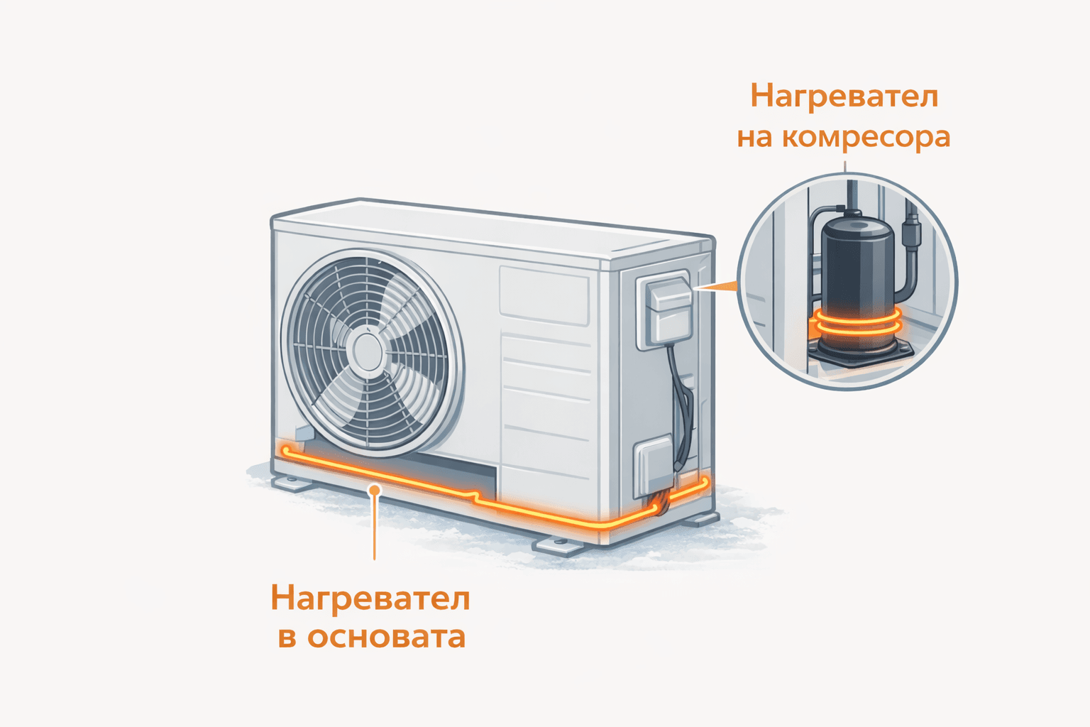 Нагреватели във външното тяло на климатика – защо са важни през зимата Нагревател на компресора и нагревател в основата на външно тяло на климатик