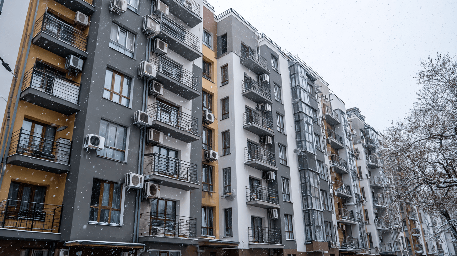 Съвременна жилищна сграда с множество климатици, работещи през зимата Съвременна жилищна сграда в София с множество външни тела на климатици, работещи през зимата и изложени на студ и снеговалеж