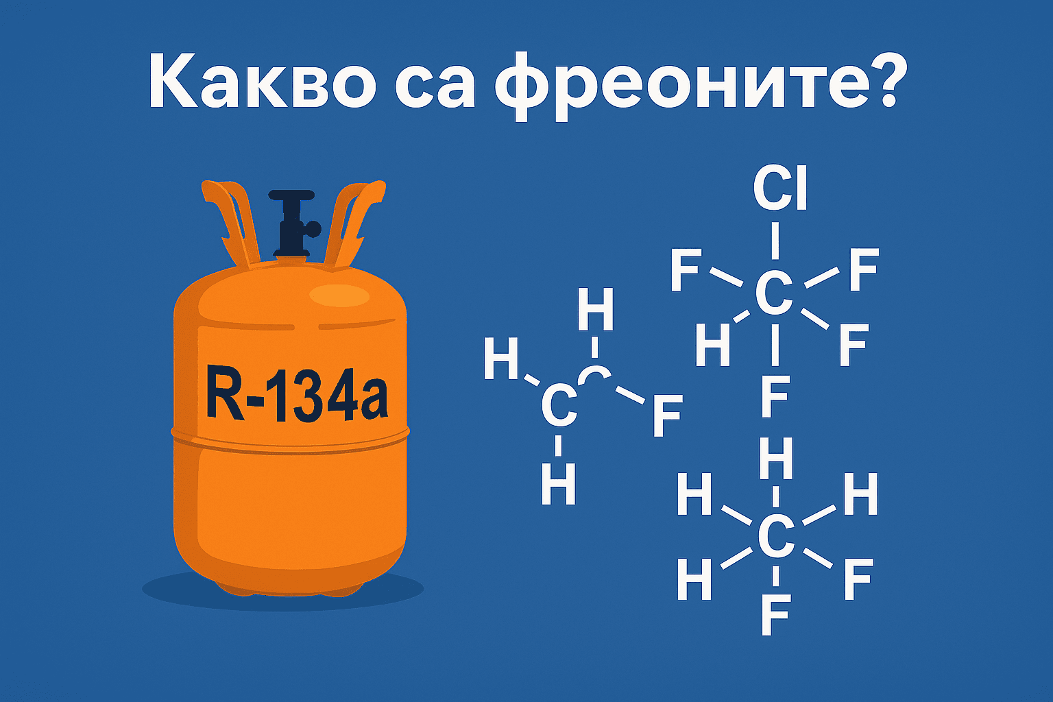 Какво са фреоните? Оранжева бутилка с надпис R-134a и химични формули на фреони върху син фон