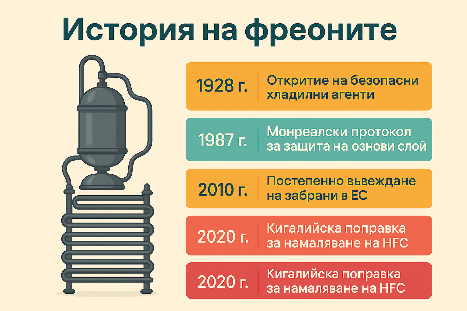 История на фреоните Времева линия на историята на фреоните с важни дати и събития от 1928 до 2020 г.
