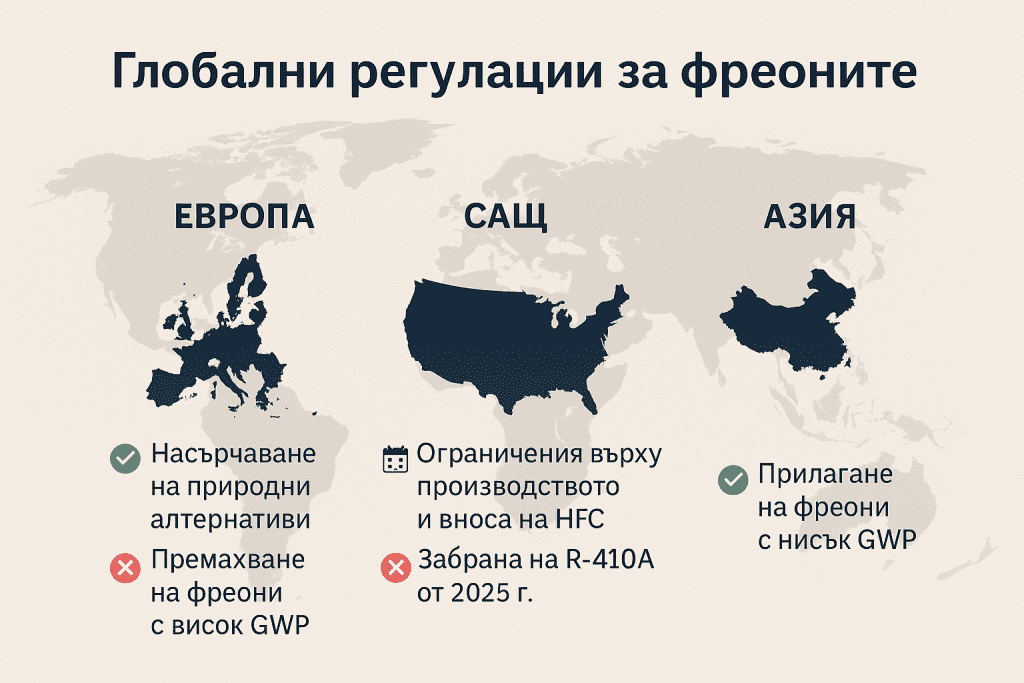 Глобални регулации за фреоните Световна карта с отбелязани политики за фреоните в Европа, САЩ и Азия