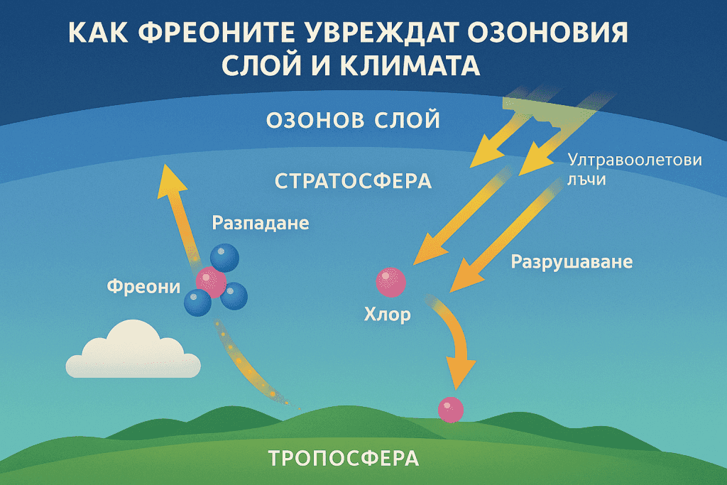 Как фреоните увреждат озоновия слой и климата Схема на издигането и разпадането на фреони в атмосферата и разрушаването на озоновия слой