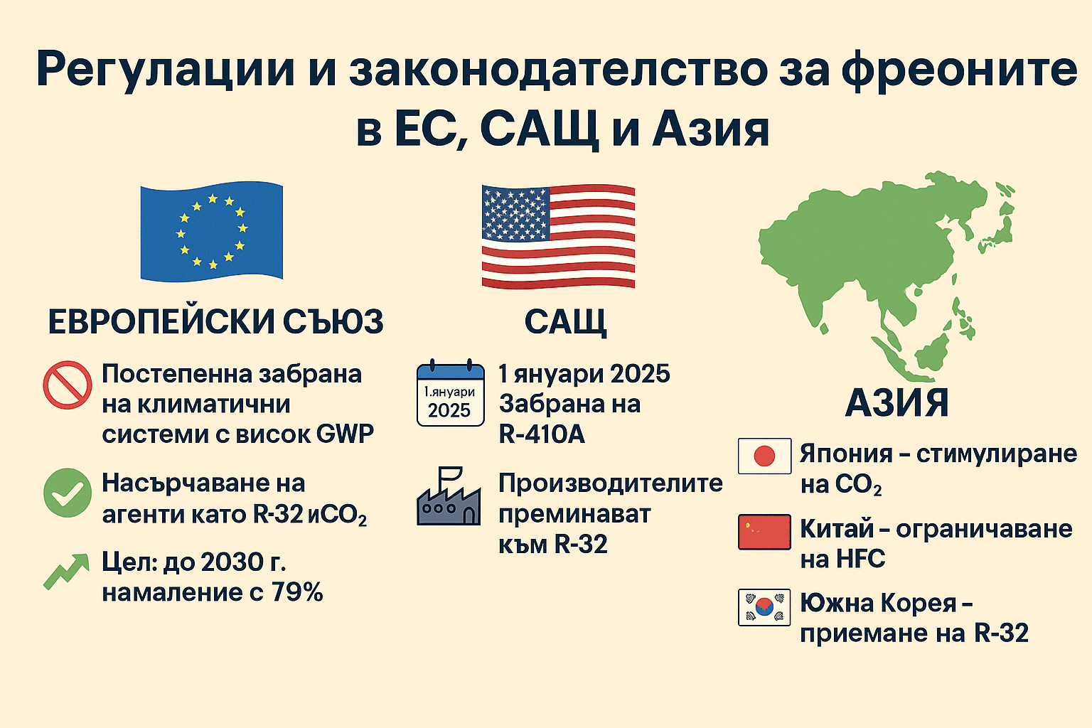 Регулации и законодателство за фреоните в ЕС, САЩ и Азия Инфографика с флагове и основни регулации за фреоните в Европа, САЩ и Азия