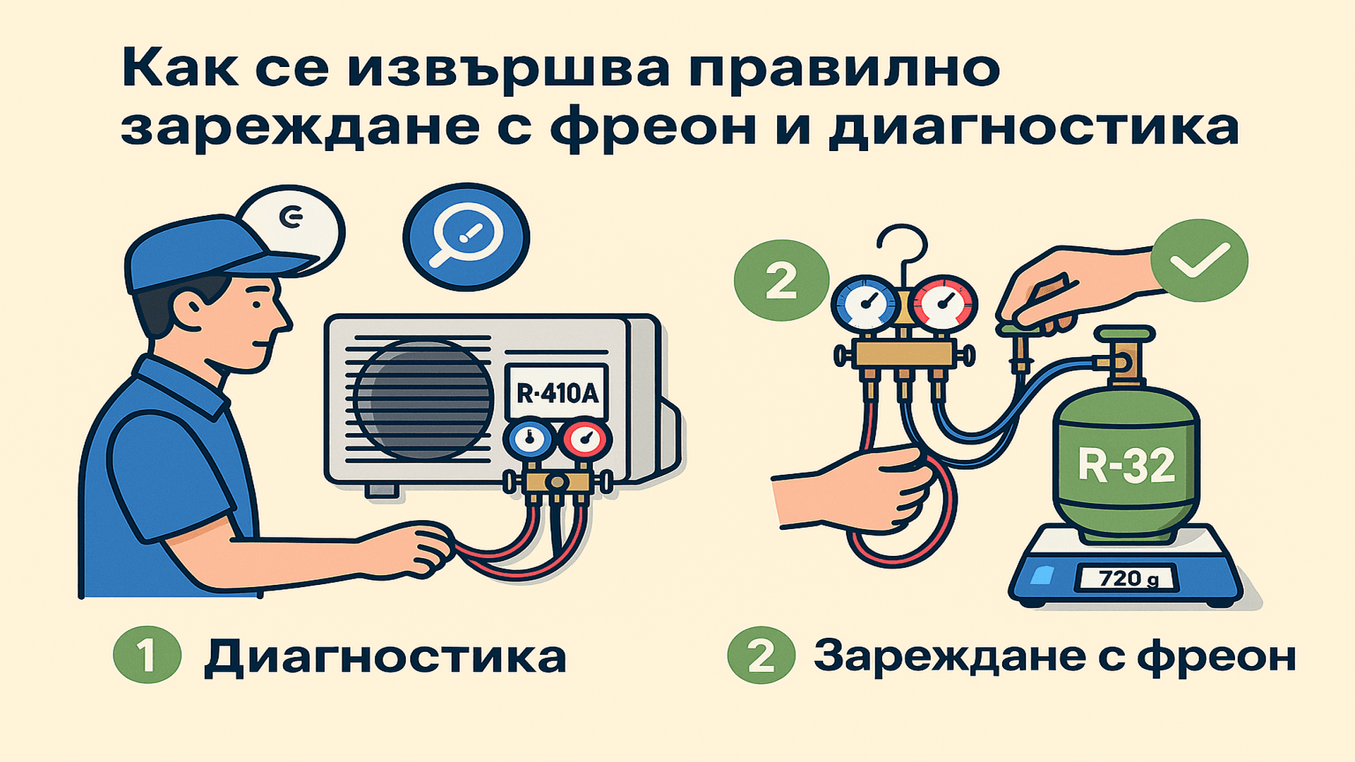 Как се извършва правилно зареждане с фреон и диагностикаresized_large_16_9 Илюстрация с техник, който прави диагностика и зареждане на климатик с фреон