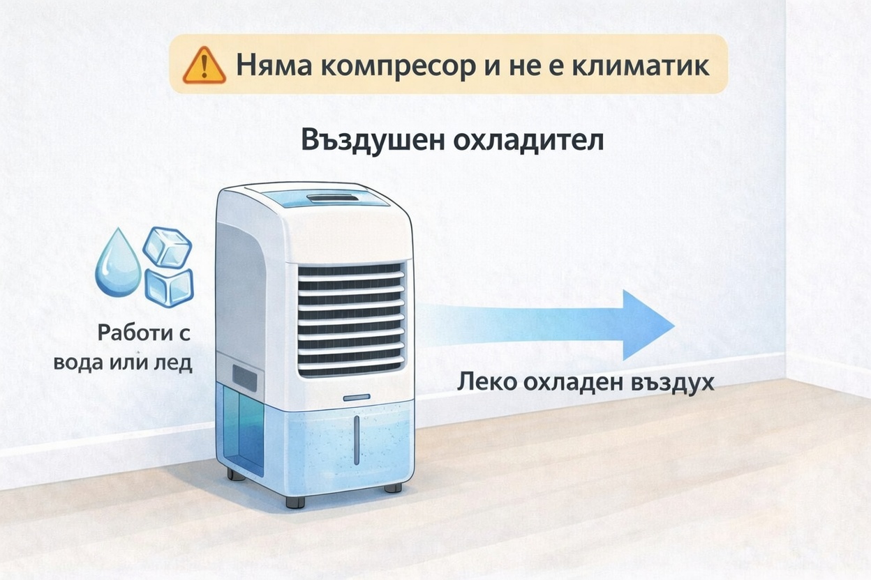 Въздушен охладител, който работи с вода или лед и подава леко охладен въздух, но няма компресор като мобилен климатик