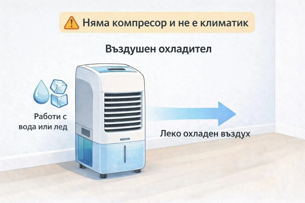 Въздушен охладител, който работи с вода или лед и подава леко охладен въздух, но няма компресор като мобилен климатик