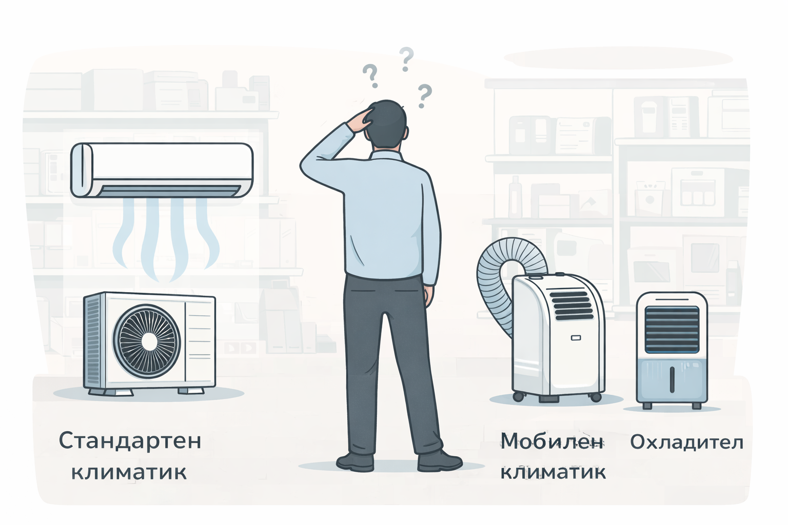 Човек избира между стандартен климатик със сплит система, мобилен климатик с тръба за топъл въздух и въздушен охладител в магазин за техника