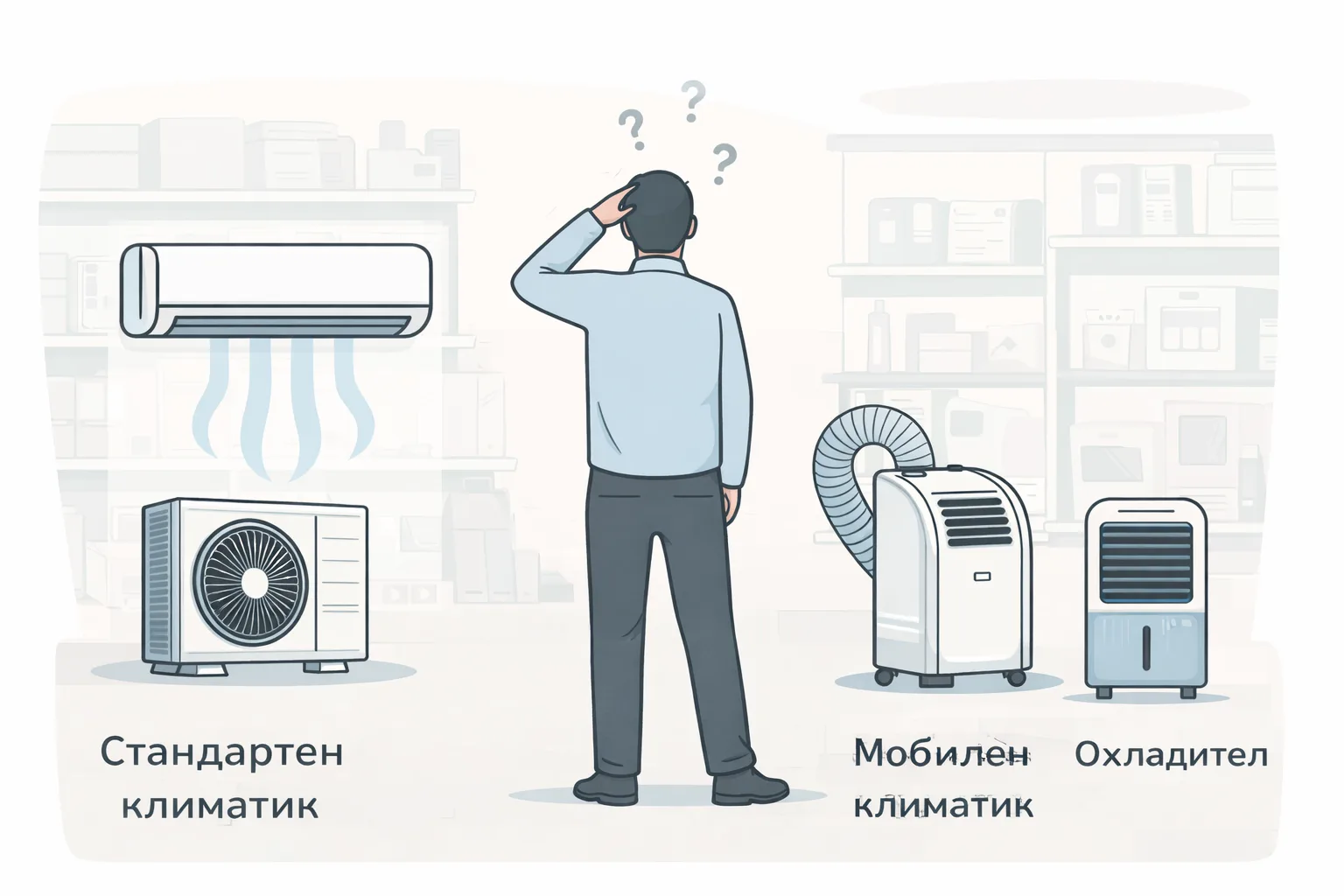 Човек избира между стандартен климатик със сплит система, мобилен климатик с тръба за топъл въздух и въздушен охладител в магазин за техника