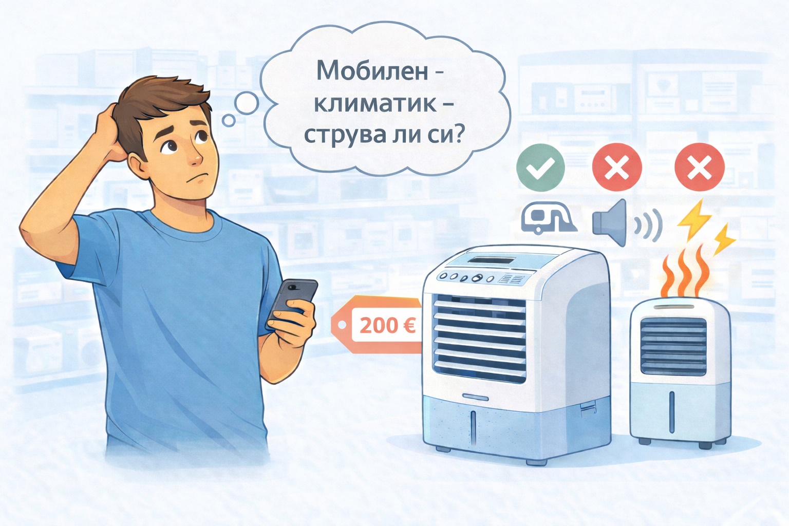 Човек се чуди дали да купи мобилен климатик – илюстрация с предимства и недостатъци на мобилен климатик