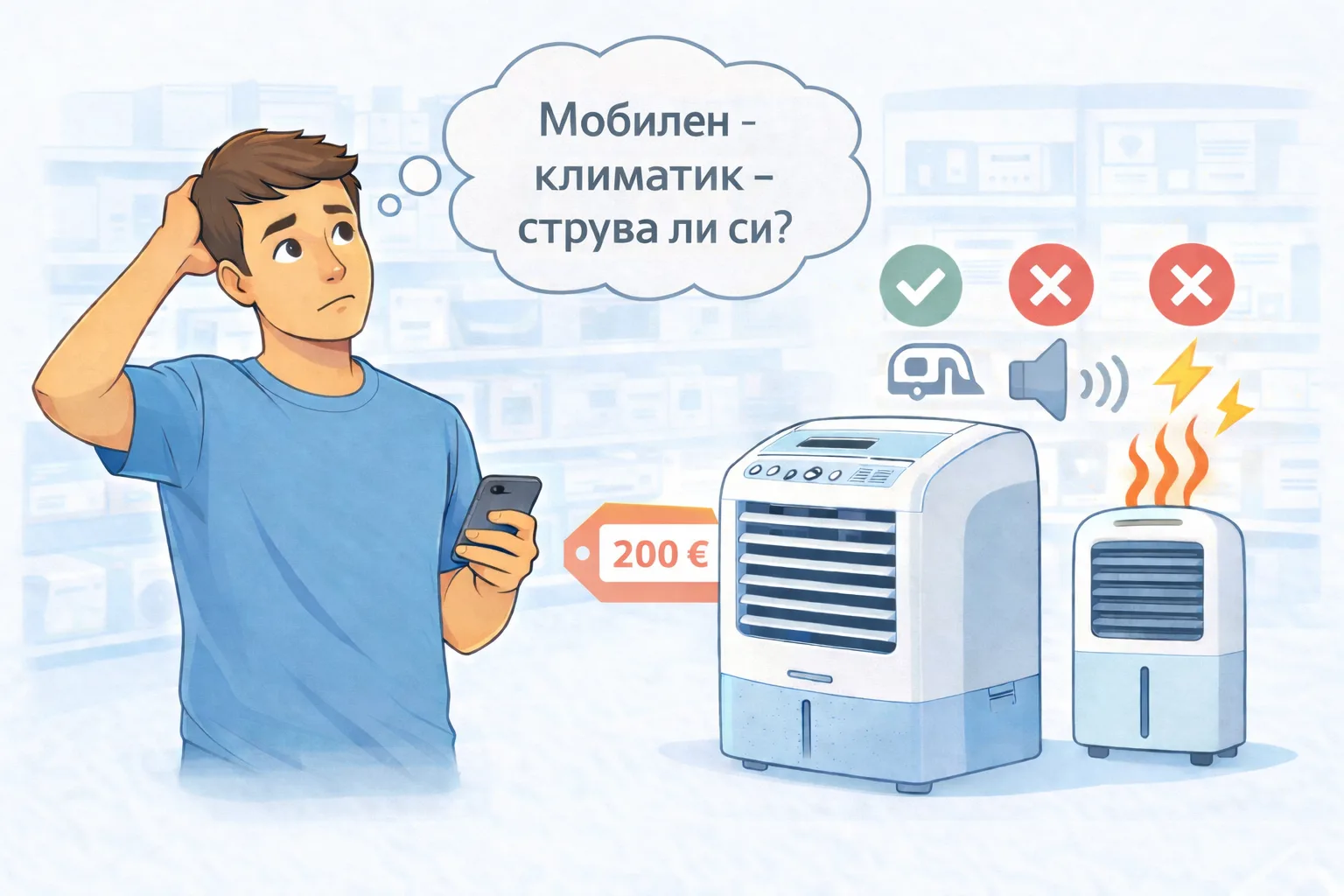 Човек се чуди дали да купи мобилен климатик – илюстрация с предимства и недостатъци на мобилен климатик