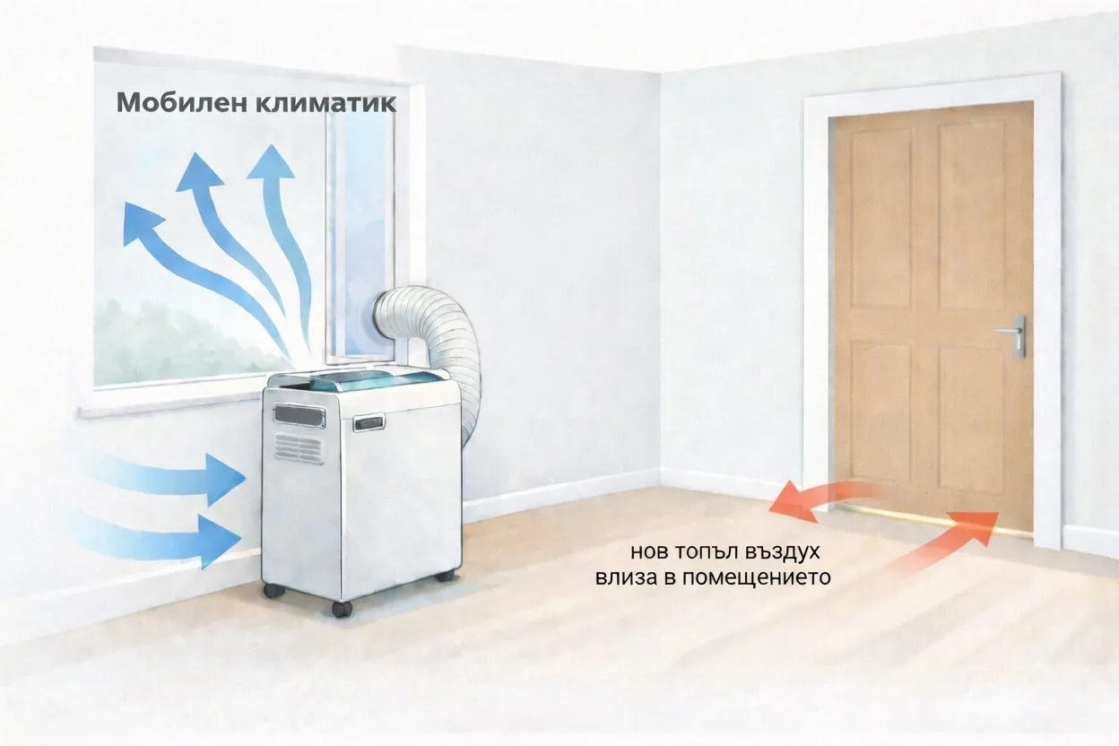 Мобилен климатик с тръба към прозорец, докато топъл въздух влиза в помещението през процеп под вратата