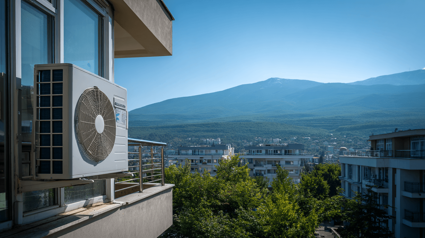 климатик монтиран на балкон в квартал Лозенец в София с гледка към Витоша