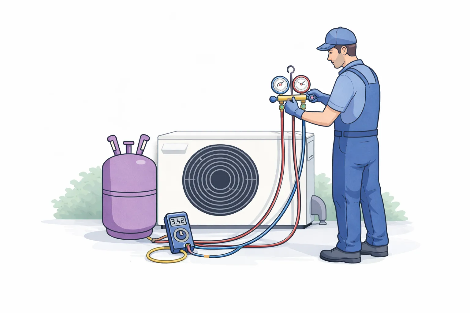 сервизен техник зарежда климатик с фреон с манометри и бутилка фреон