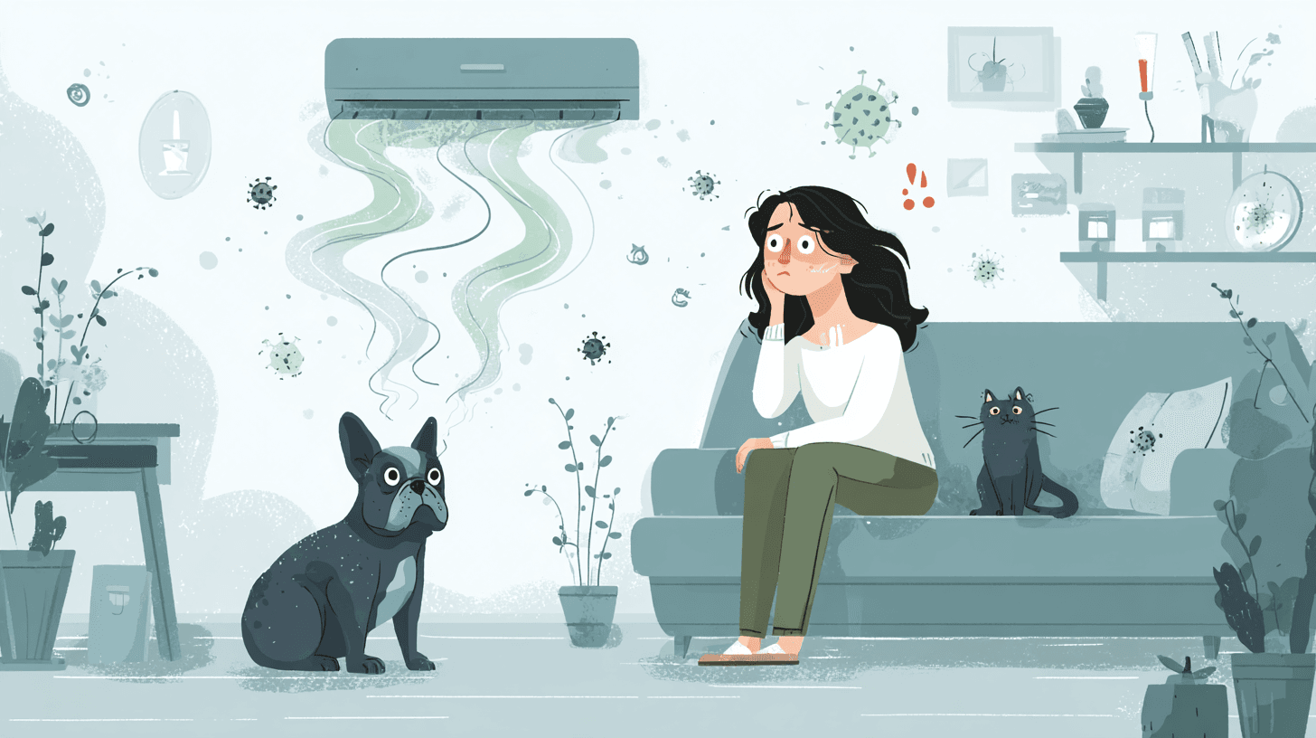Какво дишате в дома си, когато климатикът мирише? – тревожната истина Жена с домашни любимци седи на диван в замърсен хол, докато от климатика излиза зелен, мръсен въздух с микроскопични бактерии и алергени