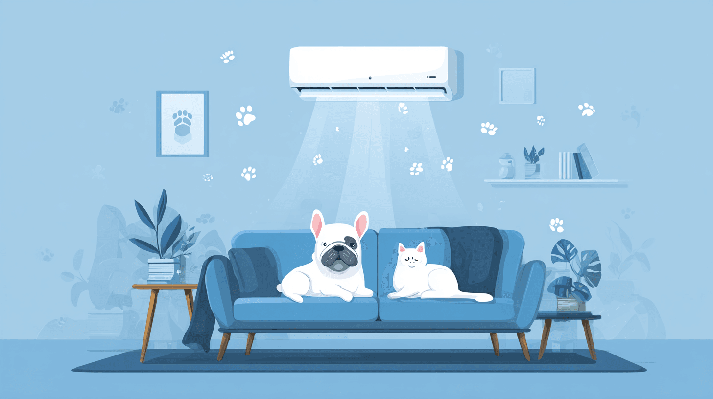 Френски булдог и бяла котка си почиват на диван под работещ климатик в уютна дневна