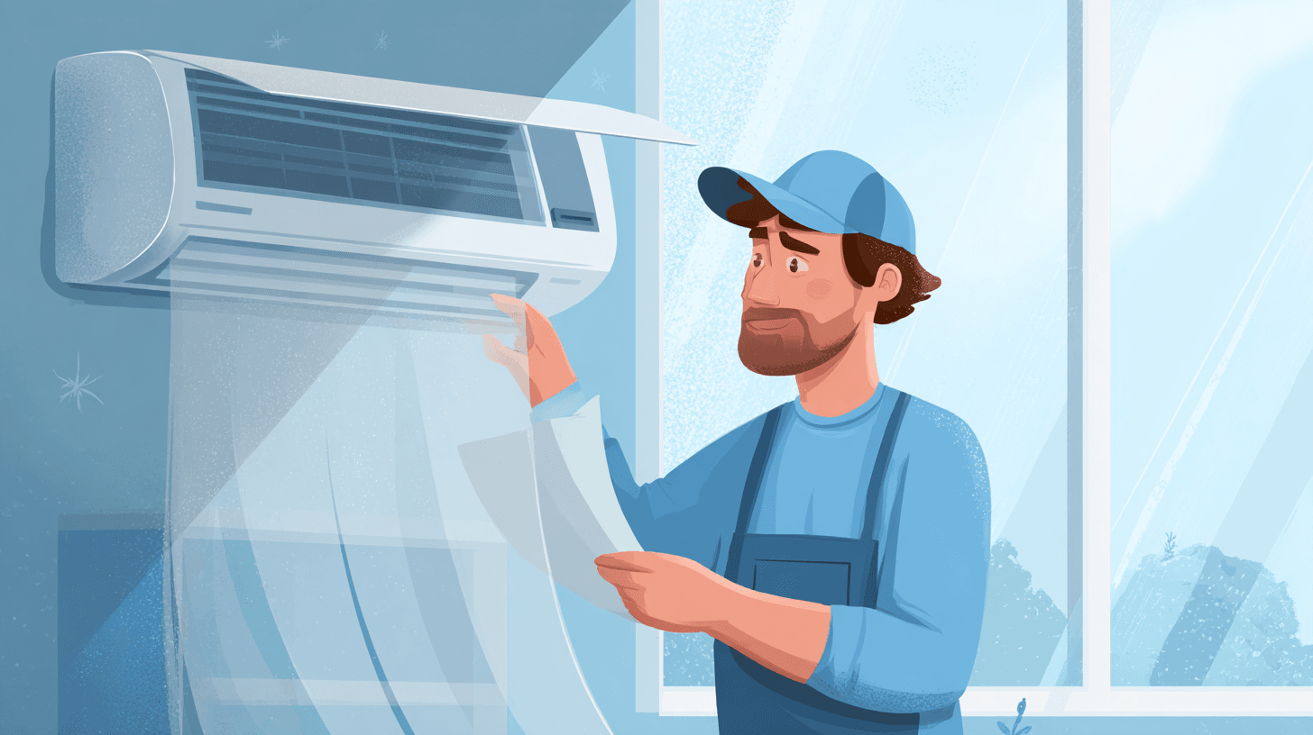 Техник почиства филтрите на климатик преди пускане на отопление