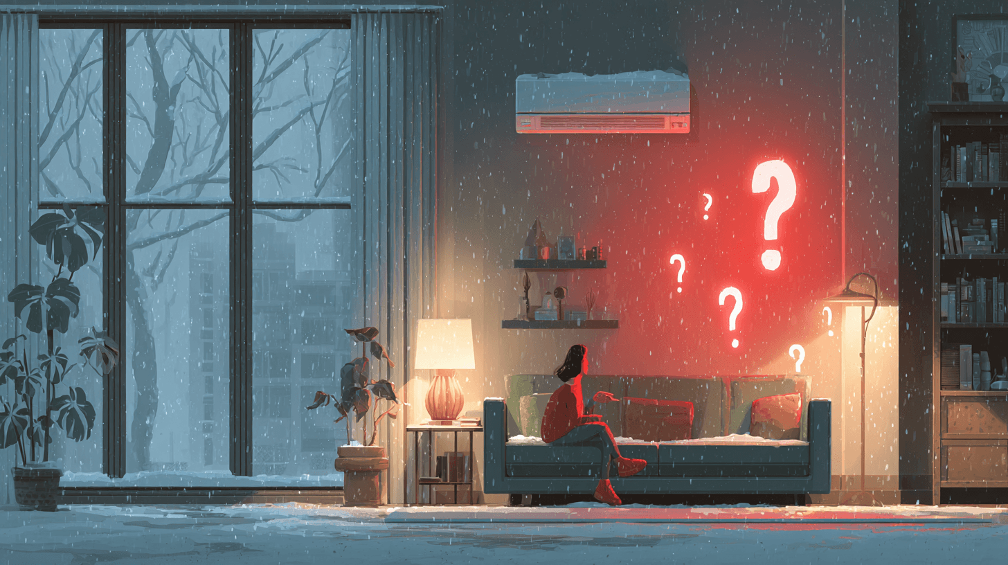 жена седи на диван в зимна стая с климатик и червени въпросителни по стената – символ на проблем с отоплението и грешки при пускане на климатика