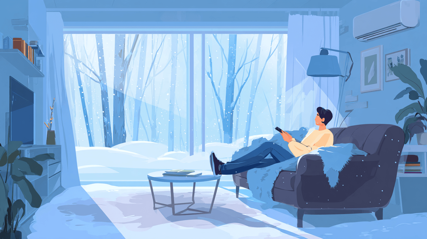 Климатик на отопление осигурява топлина в уютна зимна всекидневна