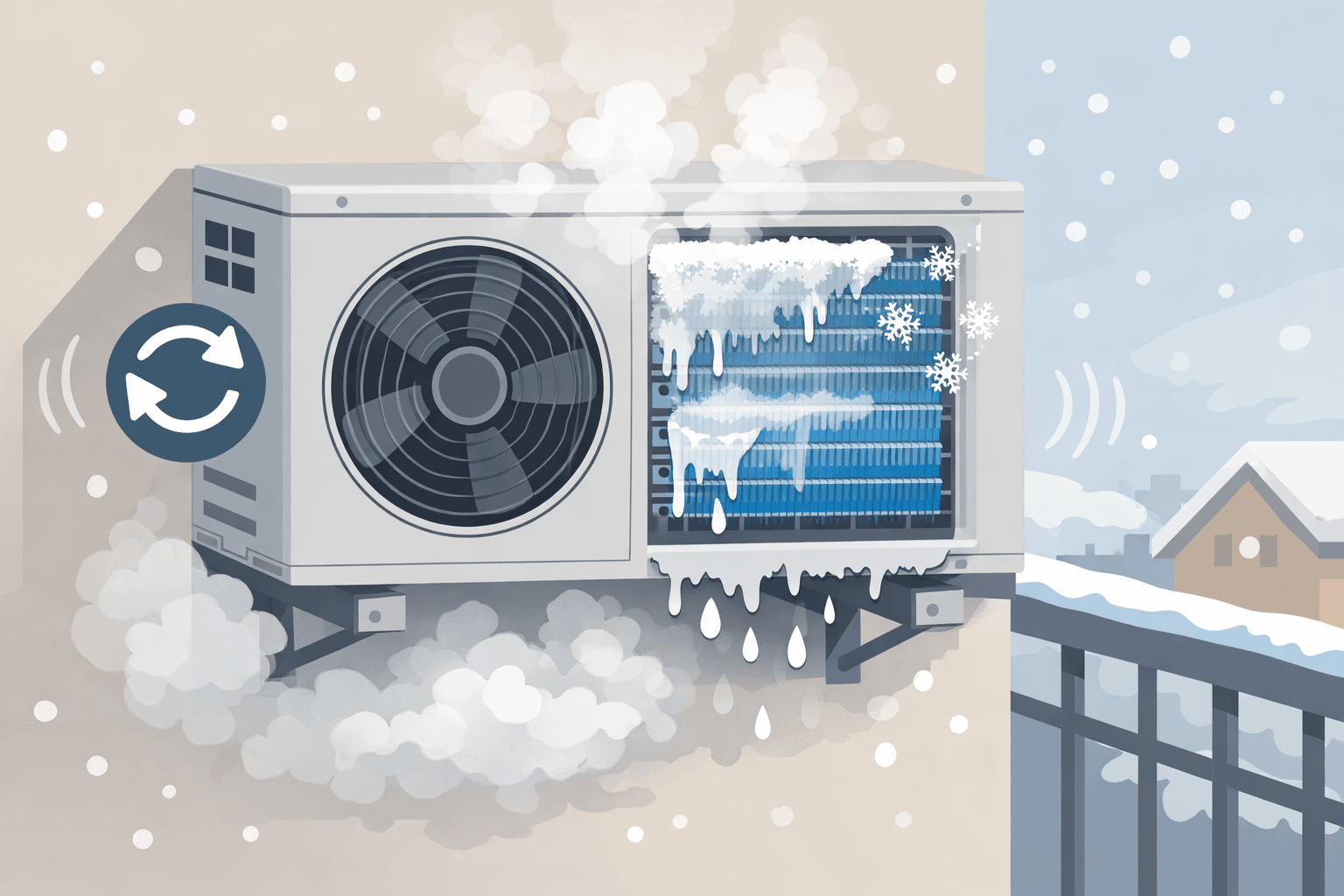 Дефрост на климатик – временно по-шумна работа на външното тяло Дефрост на климатик с шум от външното тяло по време на размразяване през зимата