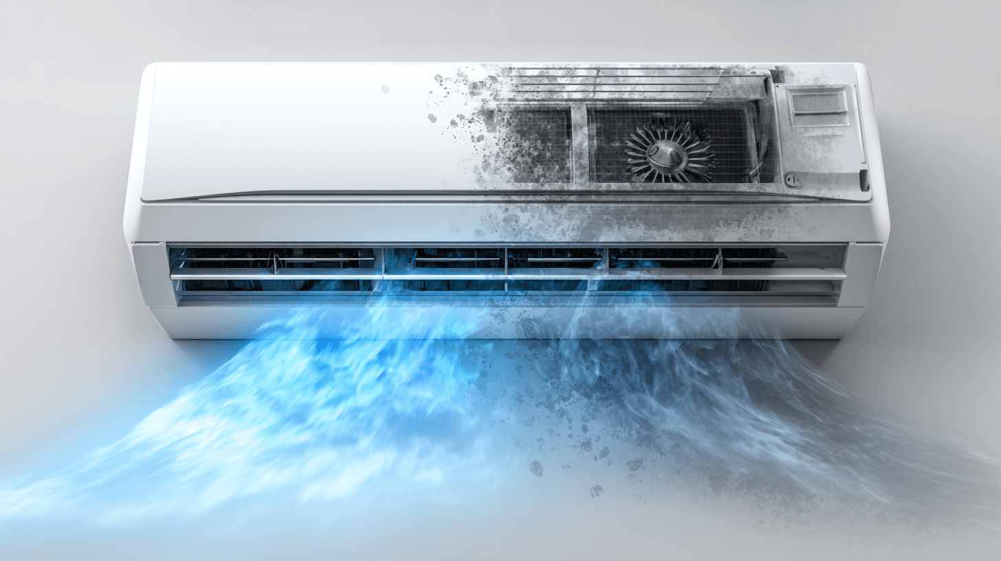 Илюстрация на основно почистване на климатик – замърсяване във вътрешното тяло и възстановен въздушен поток