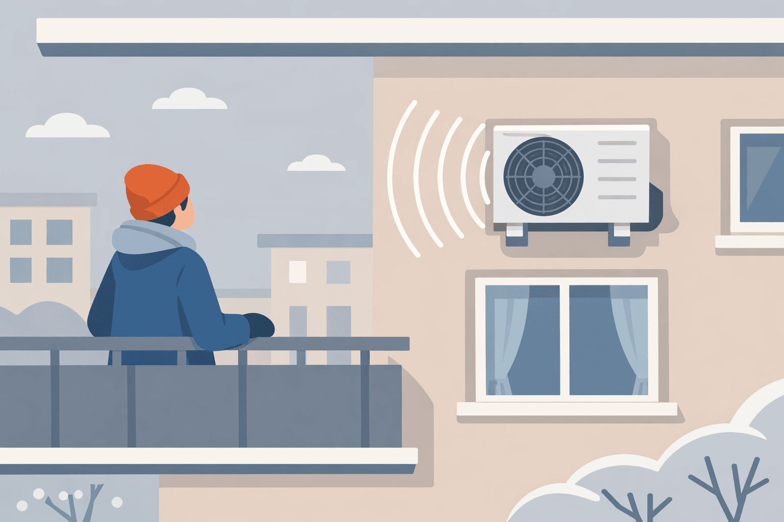 Съсед се оплаква от шумно външно тяло на климатик през зимата Шум от външното тяло на климатик, който притеснява съсед в жилищна сграда през зимата