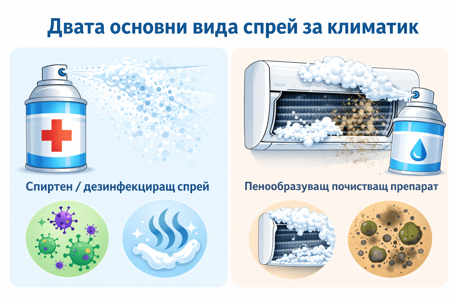 Видове спрей – спиртен и пенообразуващ препарат Инфографика показваща двата основни вида спрей за климатик – спиртен дезинфекциращ спрей и пенообразуващ почистващ препарат за топлообменника