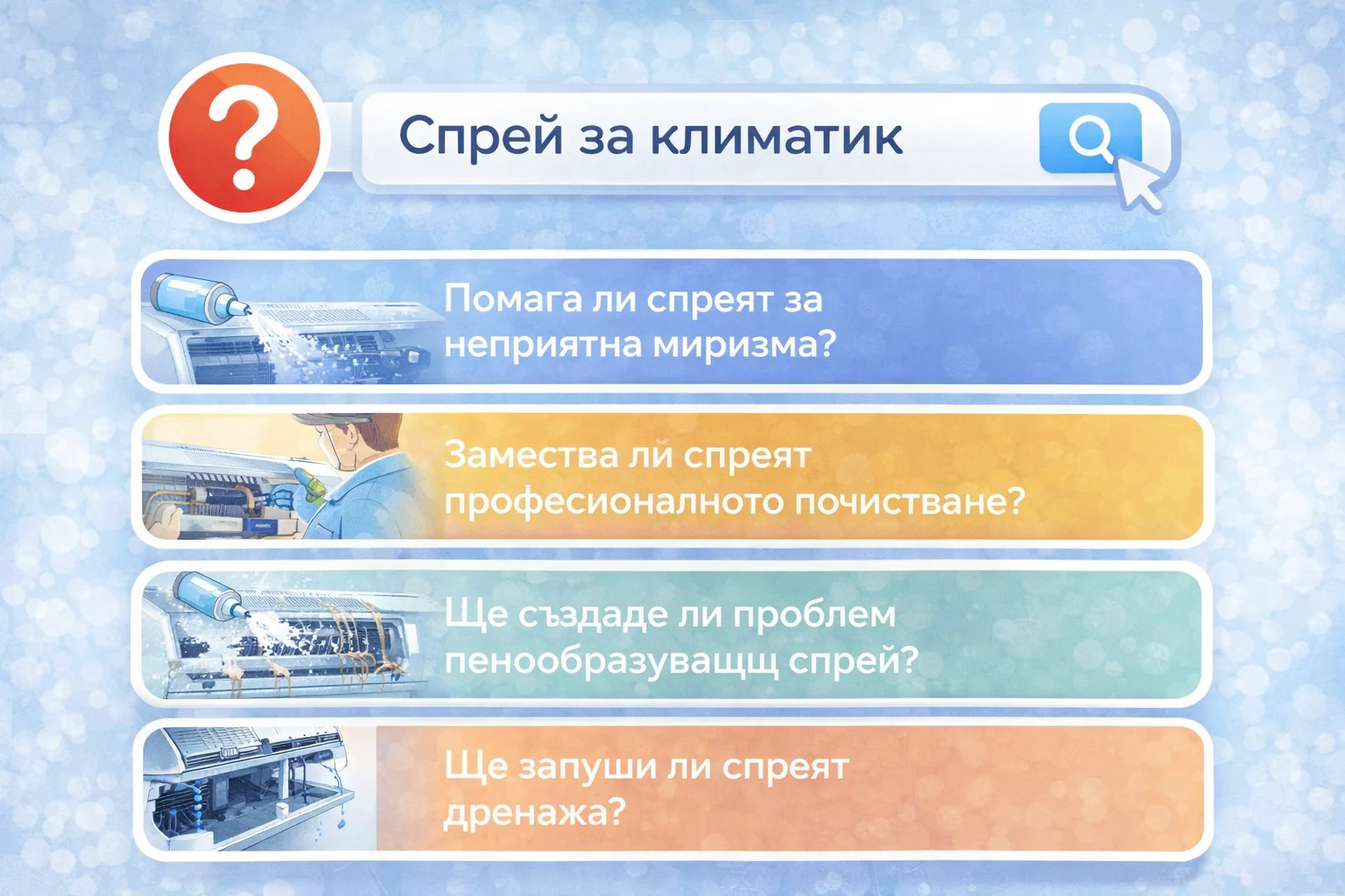 Спрей за климатик – често задавани въпроси Често задавани въпроси за спрей за климатик – миризма, почистване и проблеми с дренажа