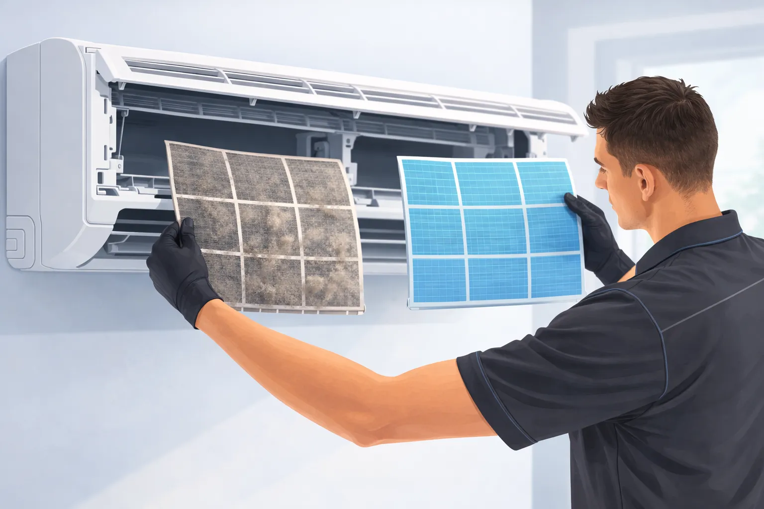 почистване на филтрите на климатик и сравнение между мръсен и чист филтър