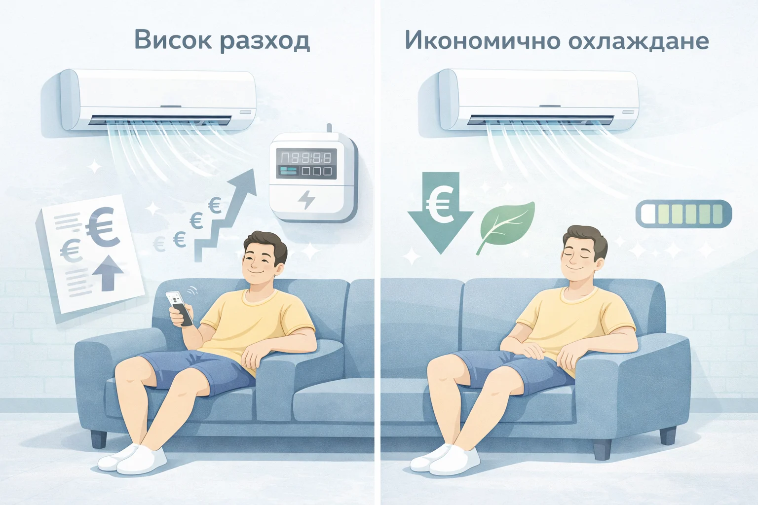 Икономично използване на климатик на охлаждане – визуално сравнение Как да използваме климатика икономично на охлаждане – сравнение между висок разход и ефективна работа