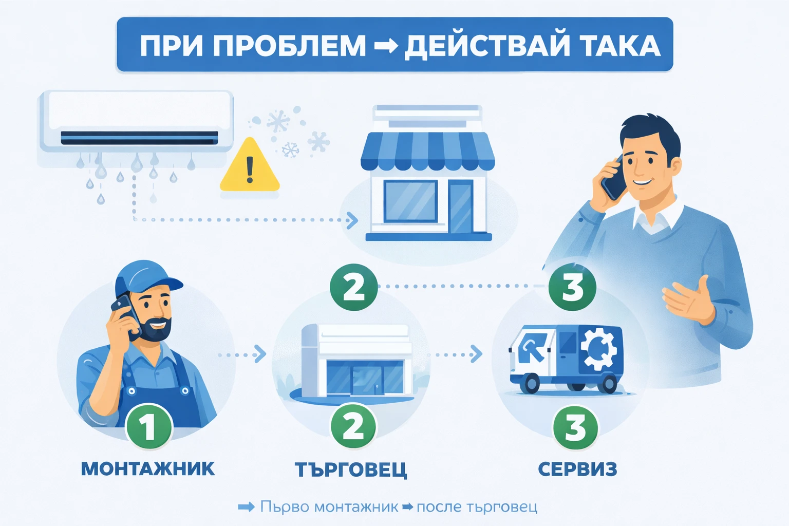 какво да направите при проблем след монтаж на климатик последователност монтажник търговец сервиз