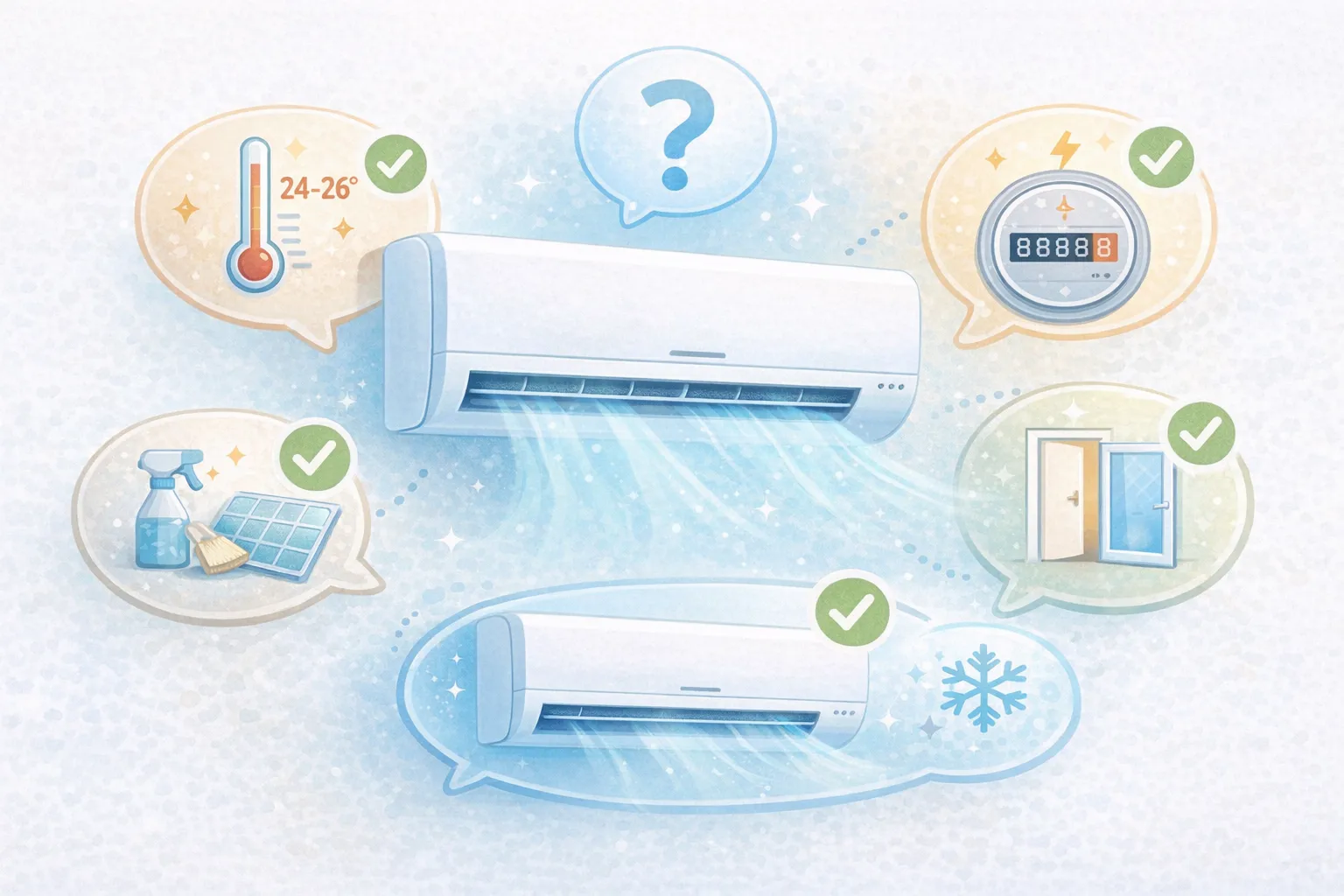 Как да използваме климатика правилно – въпроси и отговори климатик с чат балони и въпроси за правилна употреба и профилактика