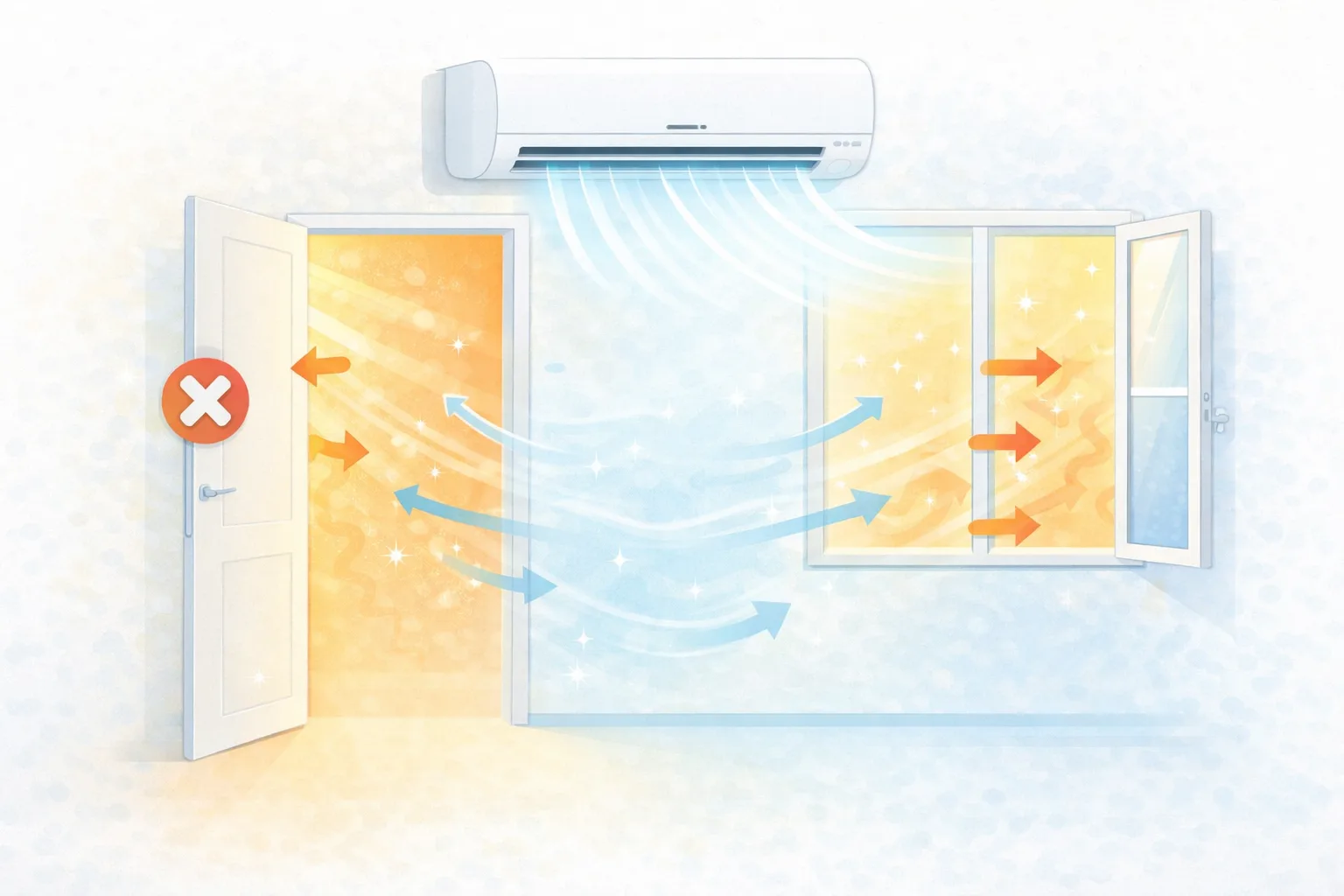 Защо не трябва да държим врати и прозорци отворени при включен климатик Отворена врата и прозорец при работещ климатик водят до загуба на студен въздух и по-висок разход на ток