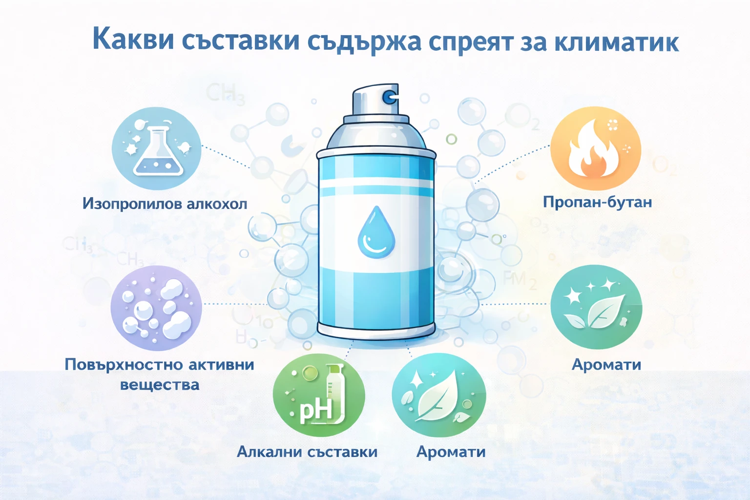 Какви съставки съдържа спреят за климатик Инфографика показваща основните съставки в спрей за климатик – изопропилов алкохол, пропан бутан, повърхностно активни вещества, алкални съставки и аромати