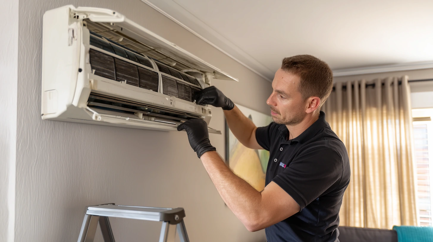 Поддръжка на климатик в София – професионален техник на адрес Техник извършва поддръжка на стенен климатик в апартамент в София, като отваря вътрешното тяло за проверка