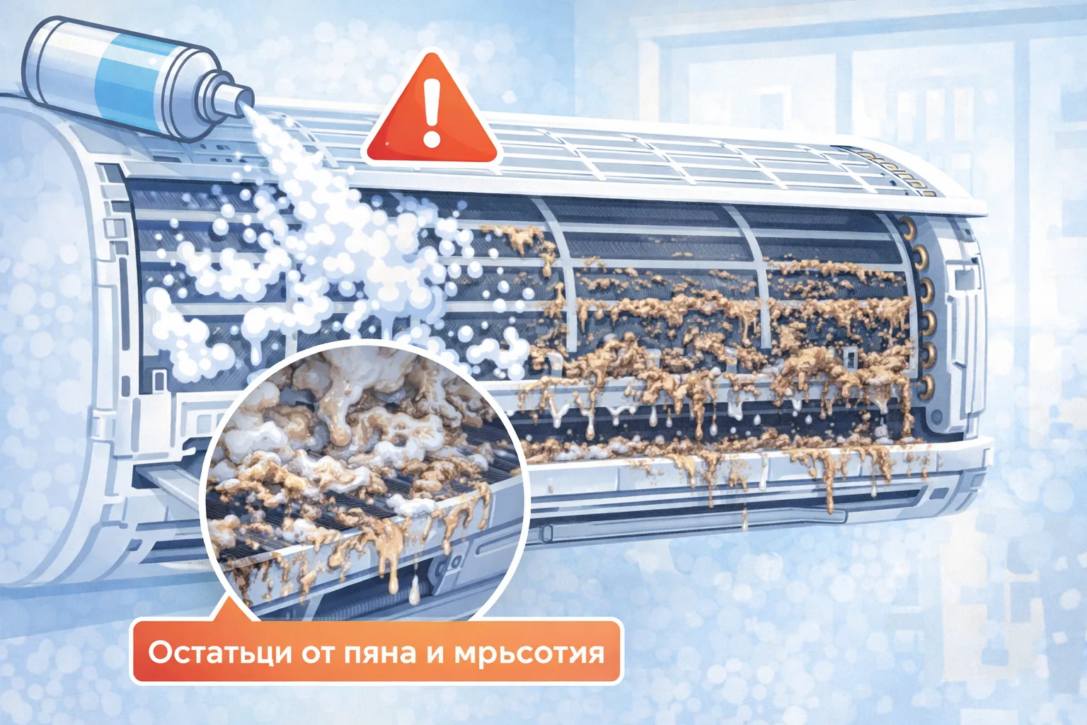 Пяна от спрей за климатик може да остави остатъци и замърсяване Пяна от спрей за климатик разтваря мръсотия по топлообменника и оставя остатъци във вътрешното тяло