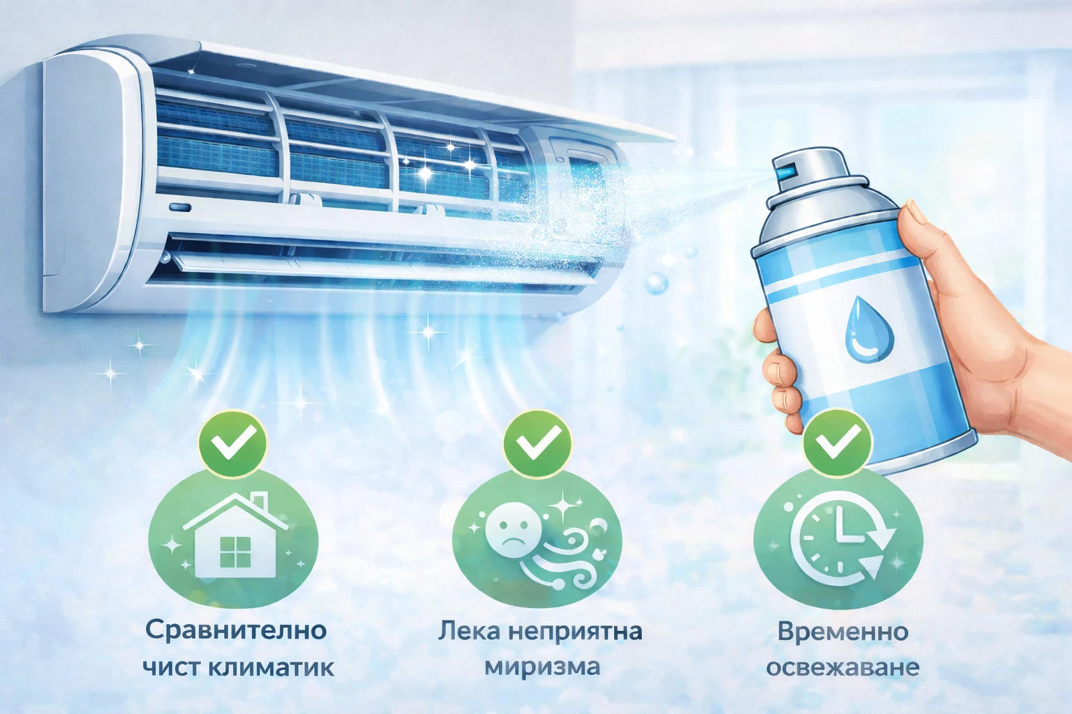 Кога спреят за климатик може да помогне при сравнително чист климатик Спрей за климатик при сравнително чист климатик и лека неприятна миризма