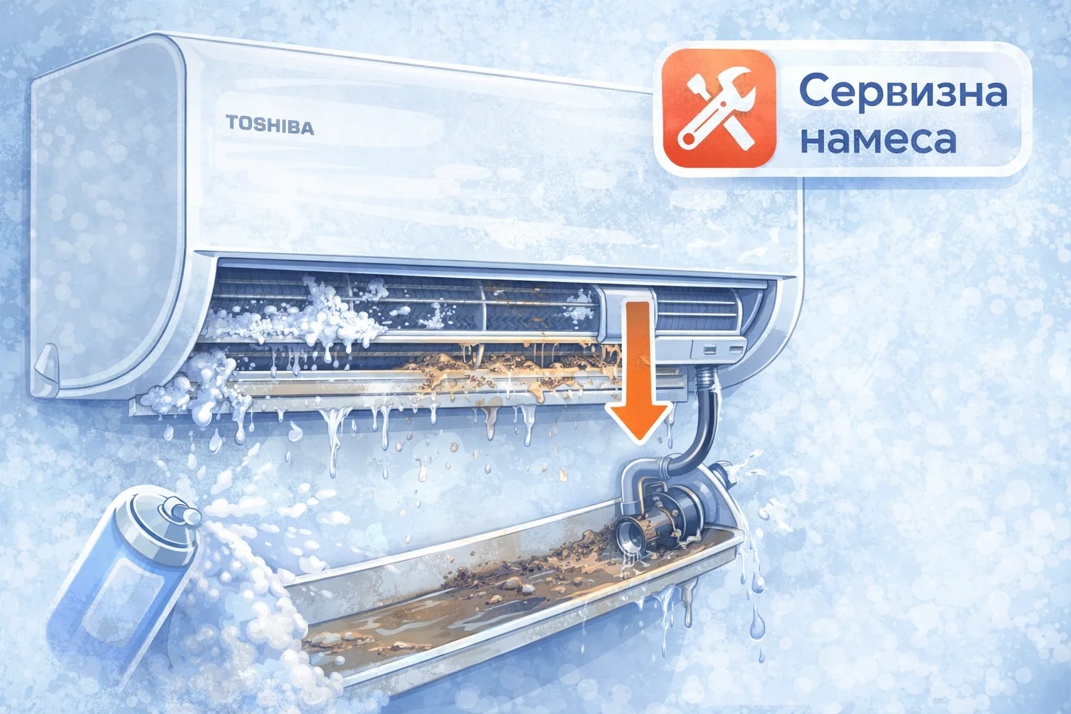 Запушен дренаж и теч от климатик след използване на спрей Запушен дренаж на климатик след използване на почистващ спрей с пяна