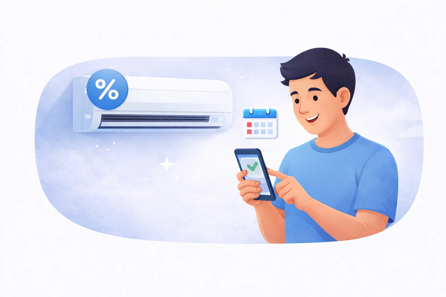 Заявка за сервиз на климатик в София – бързо и удобно онлайн Човек подава заявка за сервиз на климатик от телефон с икона на календар за запазване на час