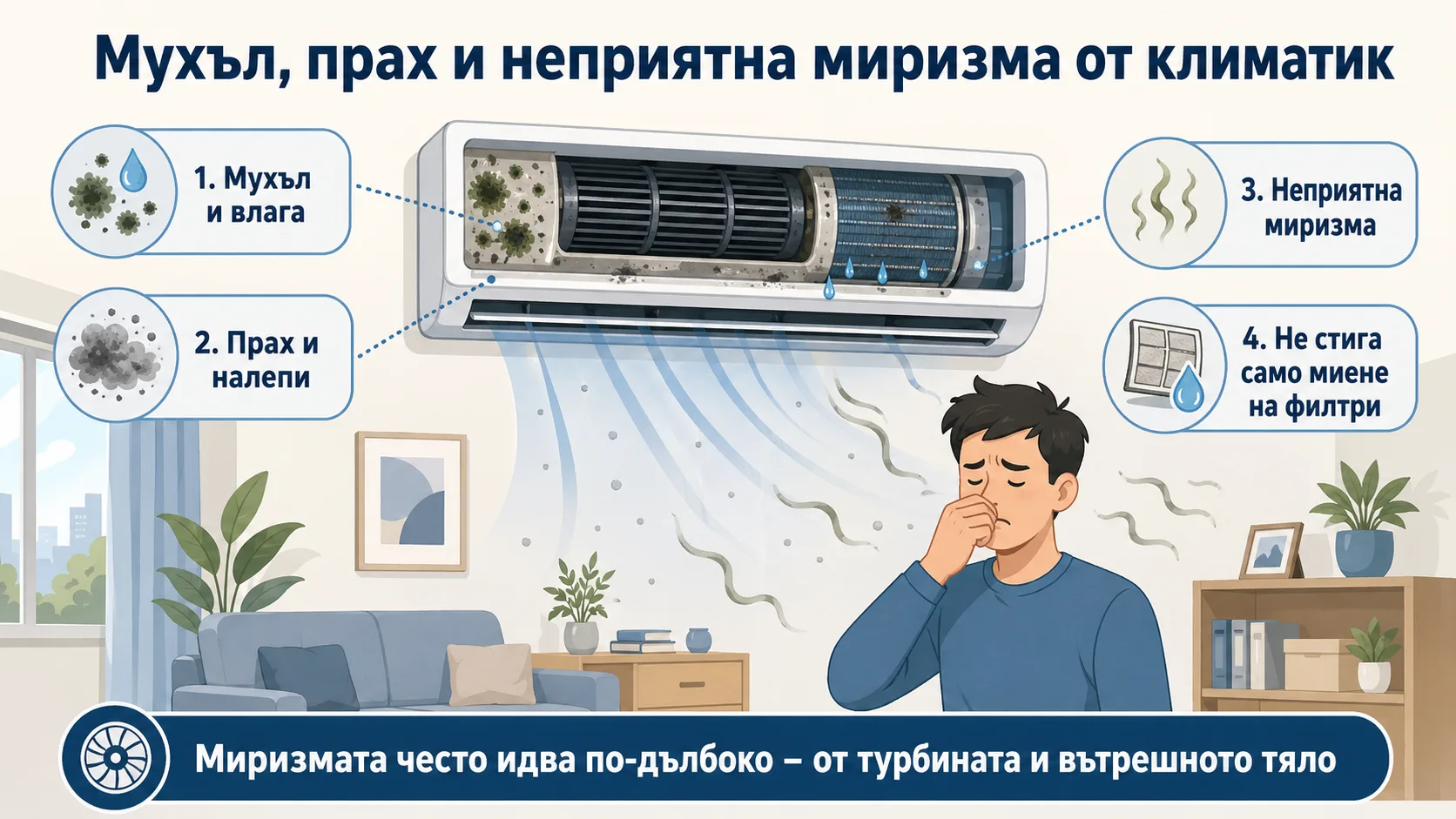 Мухъл, прах и неприятна миризма от климатик Мухъл, прах и неприятна миризма от климатик – замърсено вътрешно тяло с влага, налепи и миризма