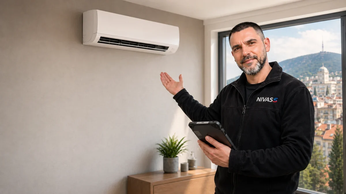English-speaking Nivas 5 technician next to a wall-mounted air conditioner in a Sofia apartment