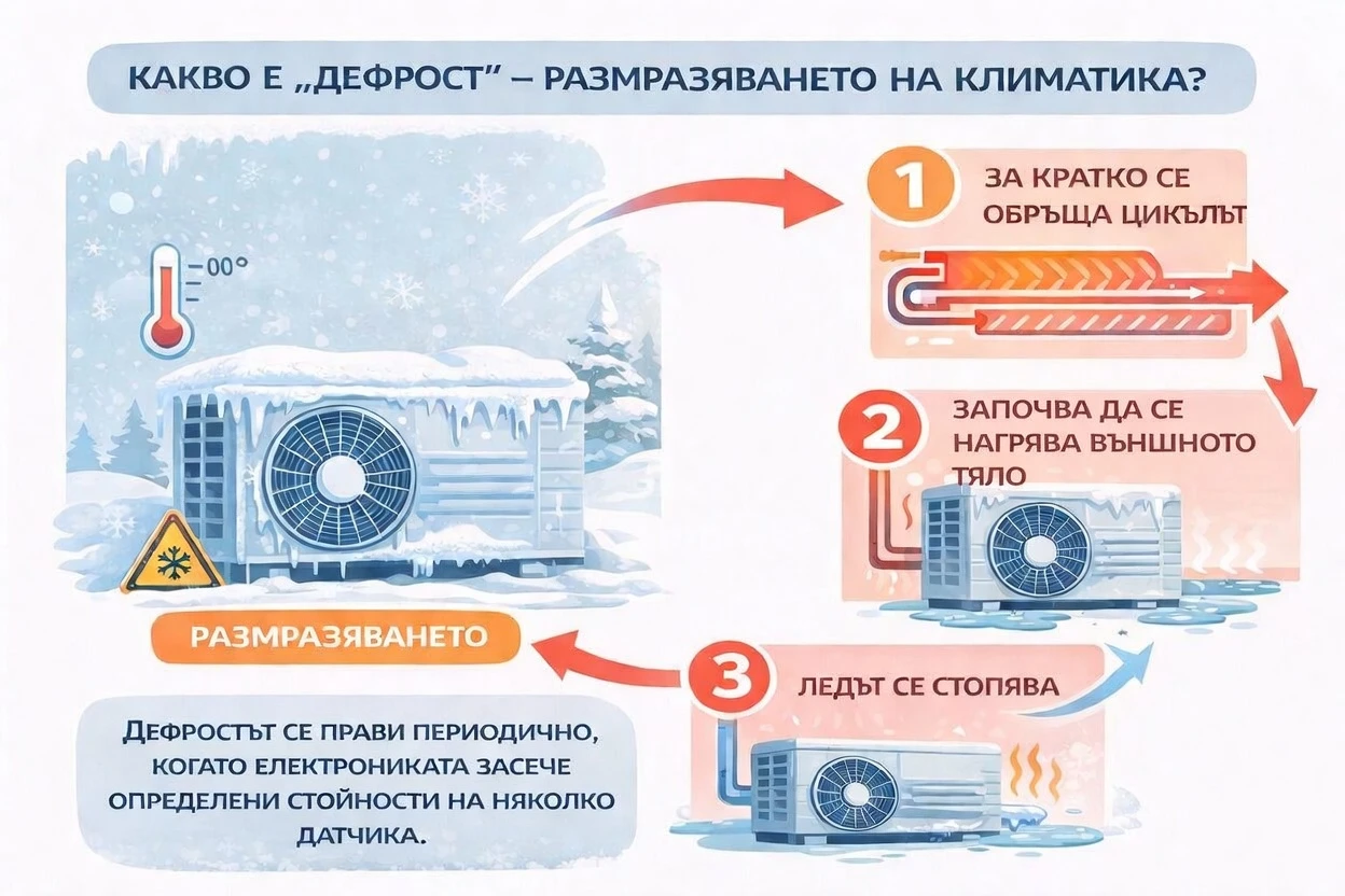 Какво е дефрост при климатик – обяснение на размразяването стъпка по стъпка Инфографика какво е дефрост при климатик – процес на размразяване на външното тяло при отопление
