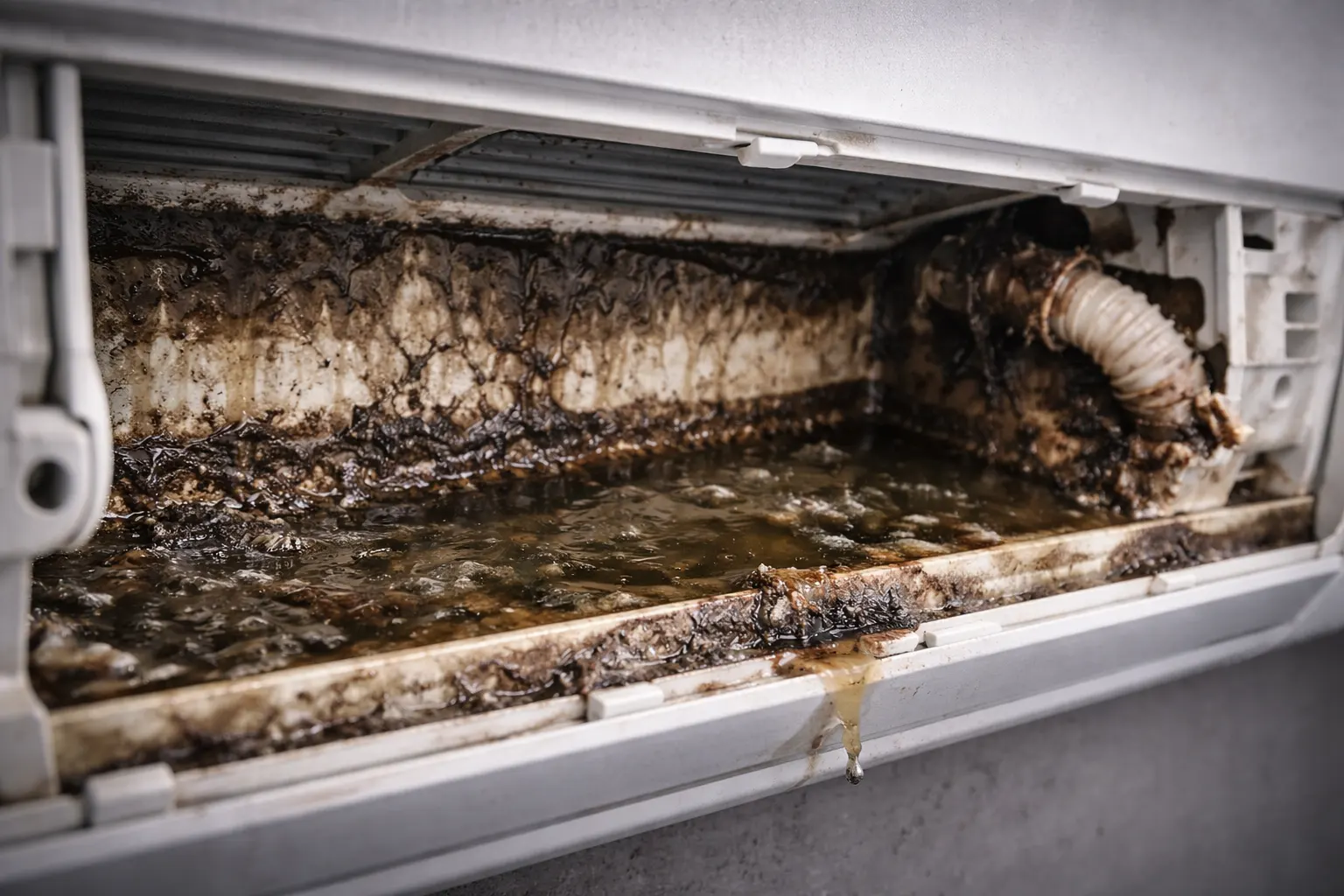 замърсена дренажна ваничка на климатик със застояла вода