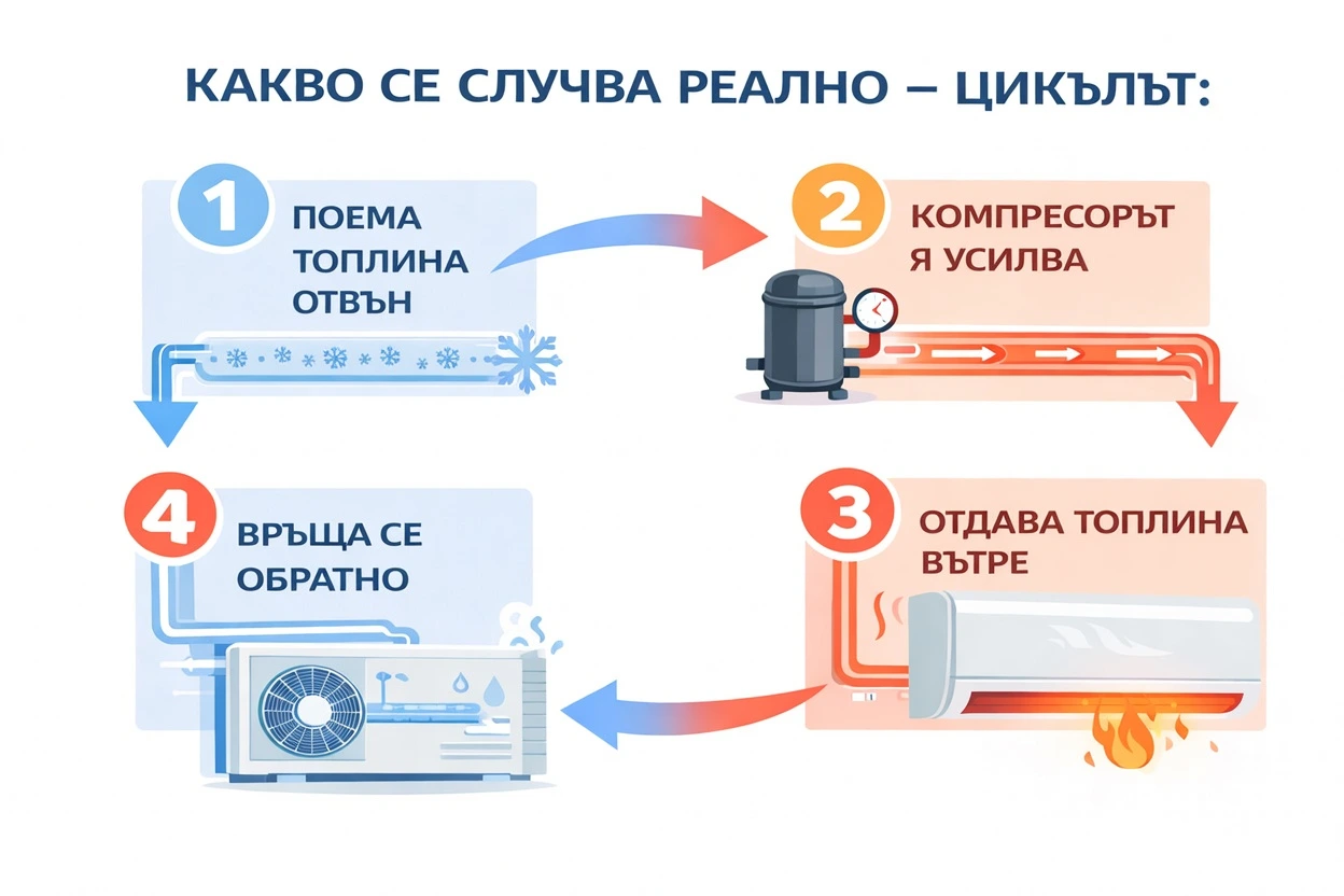 Как работи климатикът на отопление – обяснение в 4 стъпки Инфографика как работи климатикът на отопление – 4 стъпки на цикъла от поемане на топлина до отдаване вътре