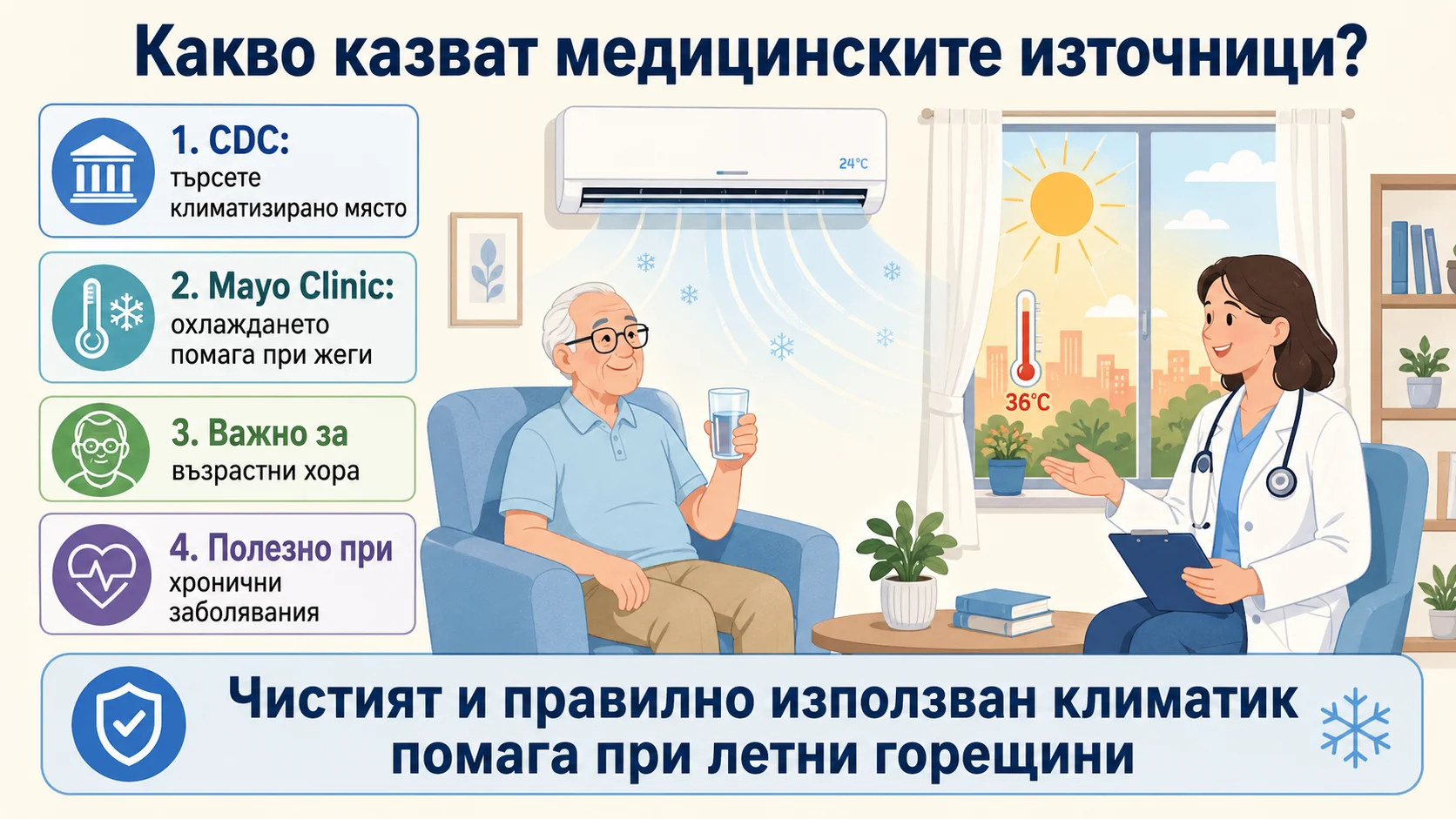 Какво казват медицинските източници за климатика Какво казват медицинските източници за климатика – CDC и Mayo Clinic препоръчват охлаждане при летни горещини