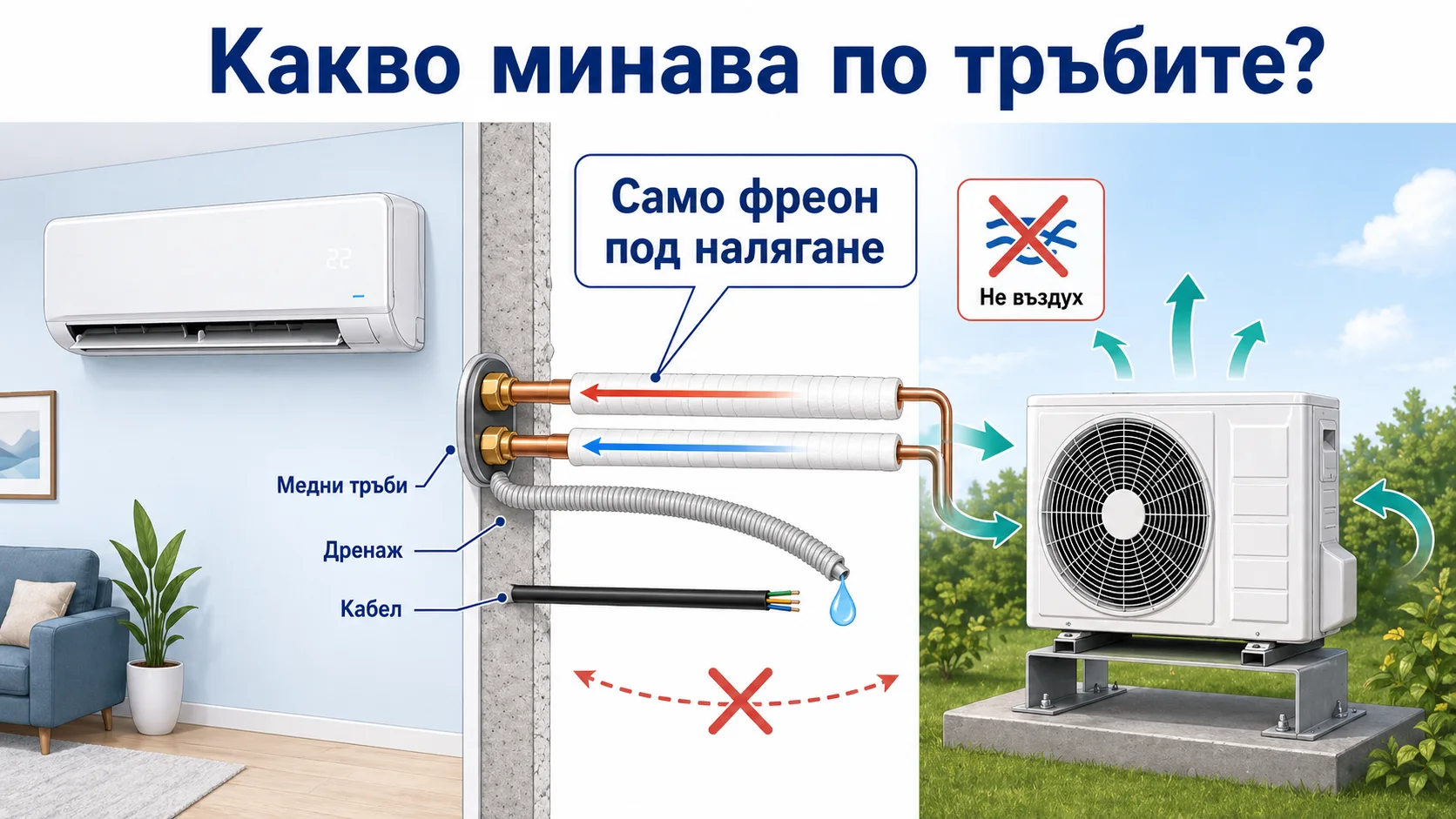 Какво минава по тръбите между вътрешното и външното тяло на климатика