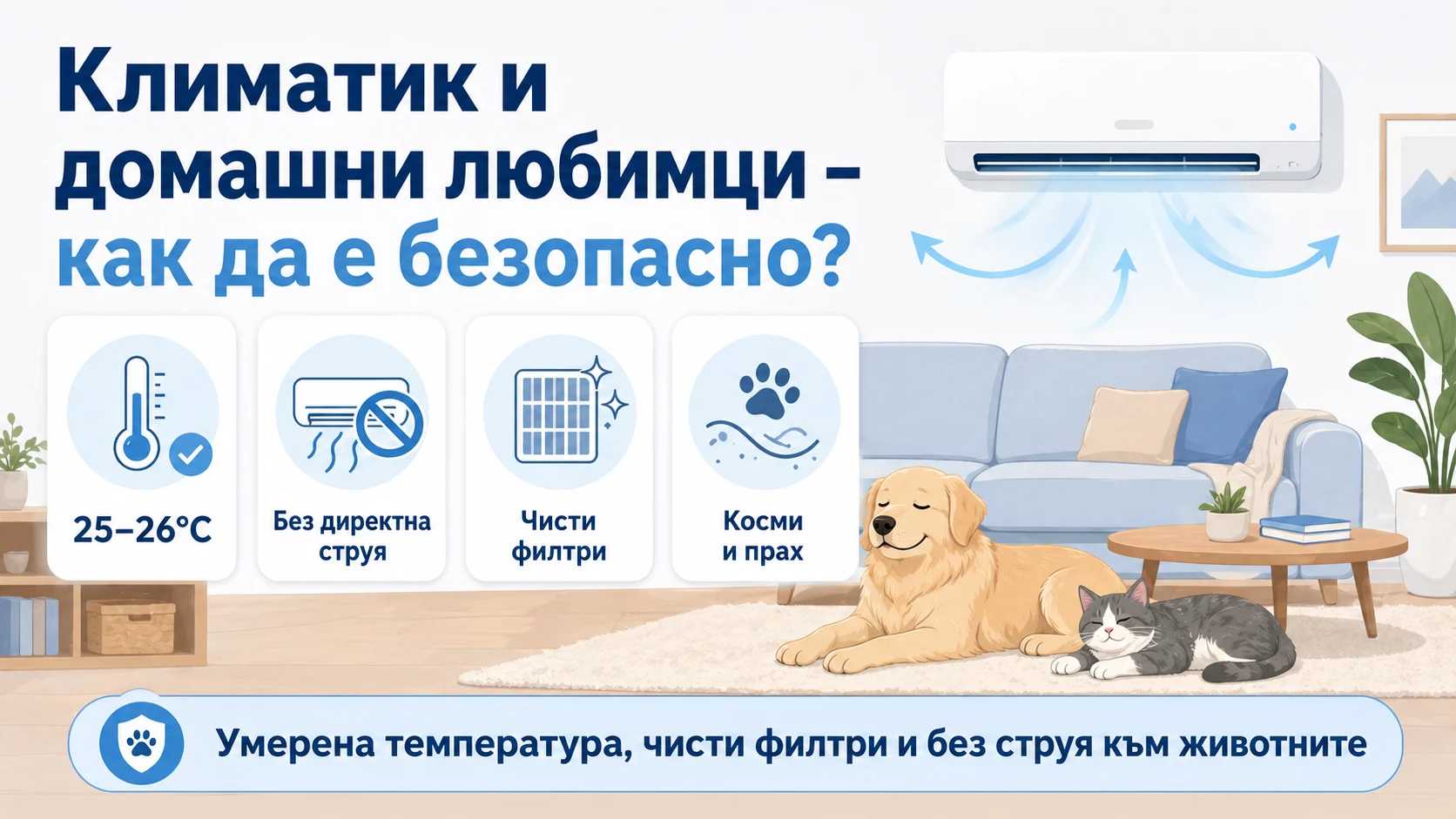 Климатик и домашни любимци – безопасна употреба Климатик и домашни любимци – безопасна употреба при куче и котка с умерена температура, чисти филтри и без директна струя